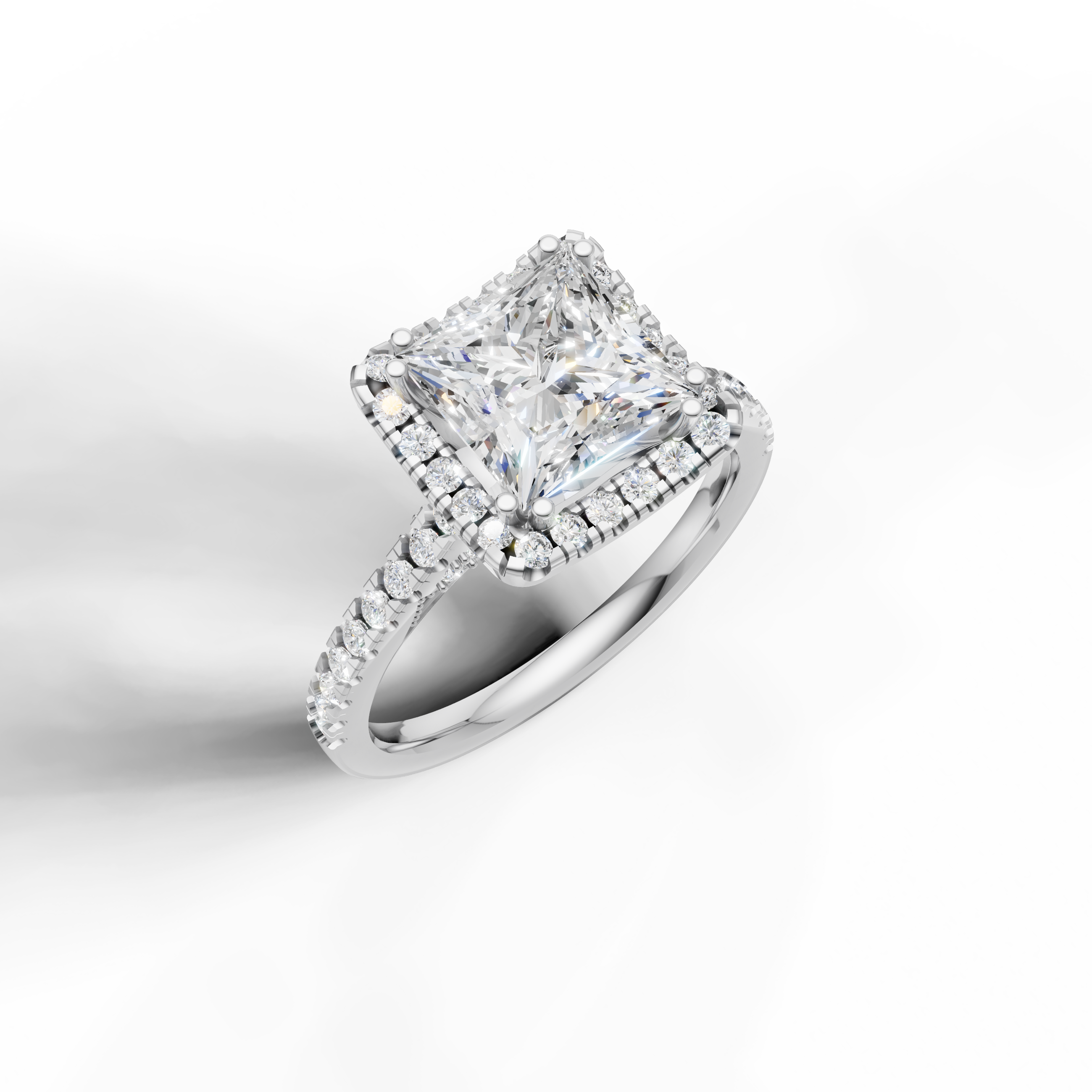14K white gold princess cut lab diamond engagement ring with radiant halo and pavé shank from Raul Diamonds
