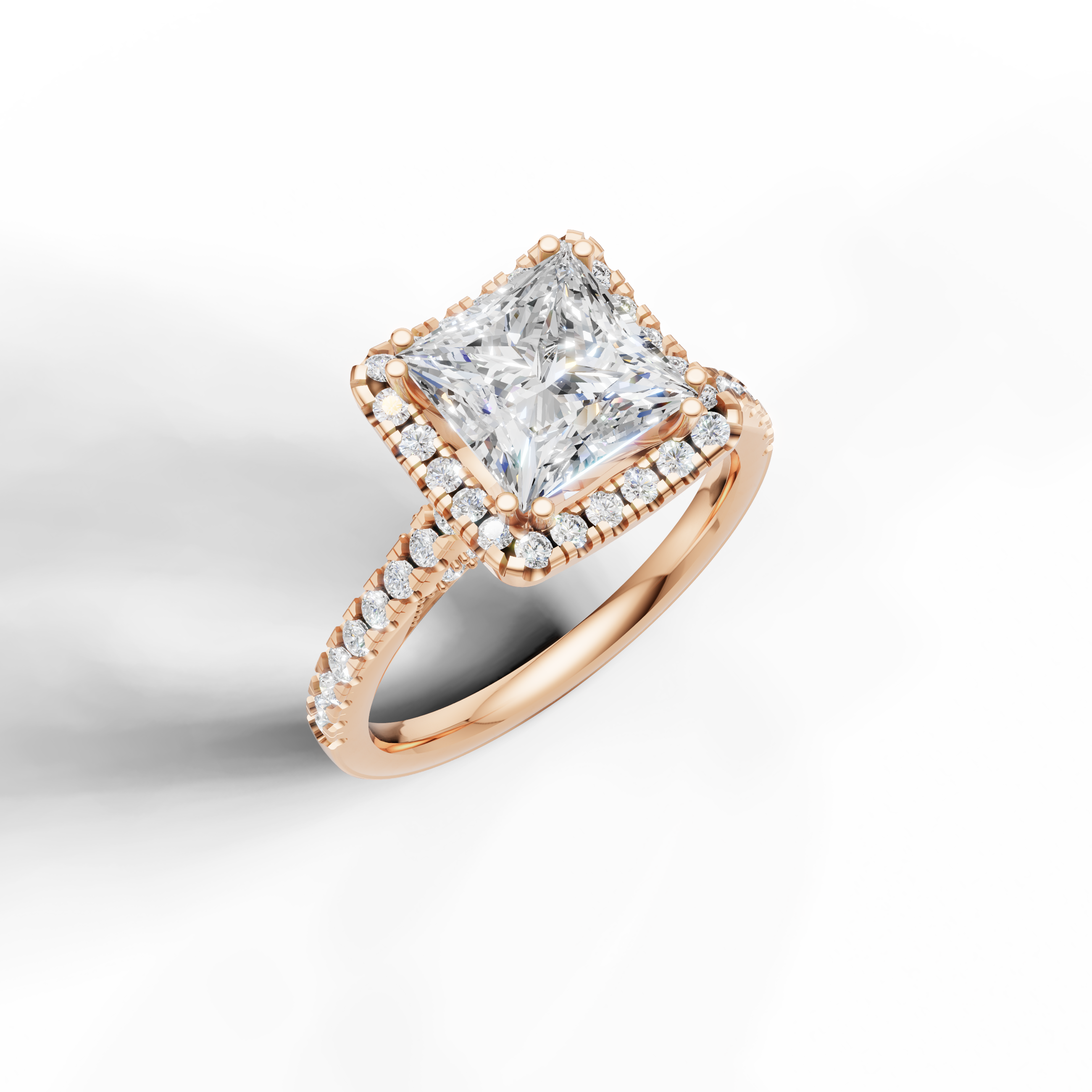 14K yellow gold princess cut lab diamond engagement ring with sparkling halo and pavé shank from Raul Diamonds