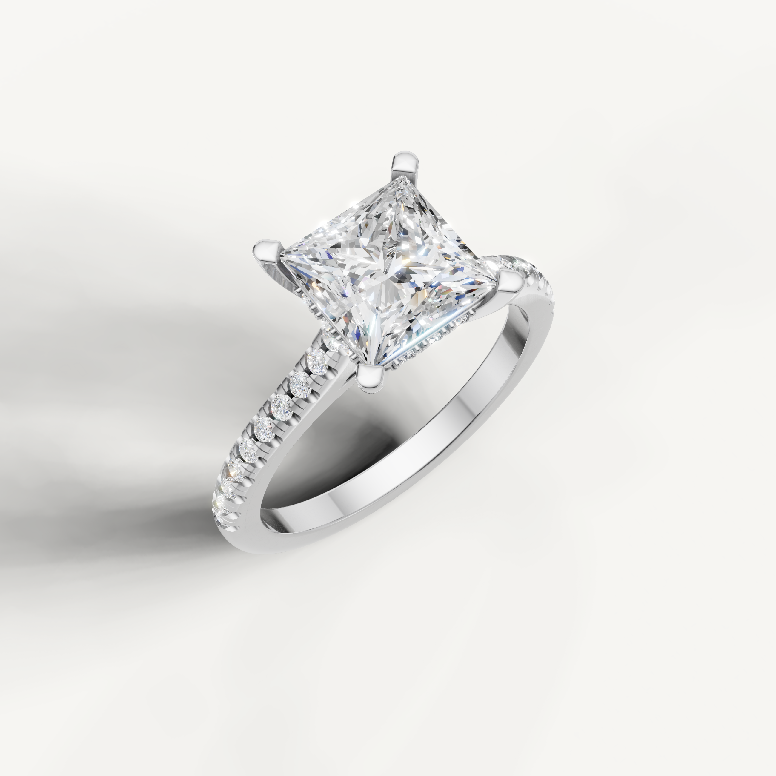 Sophisticated princess cut lab grown diamond ring in white gold with sparkling pavé accents