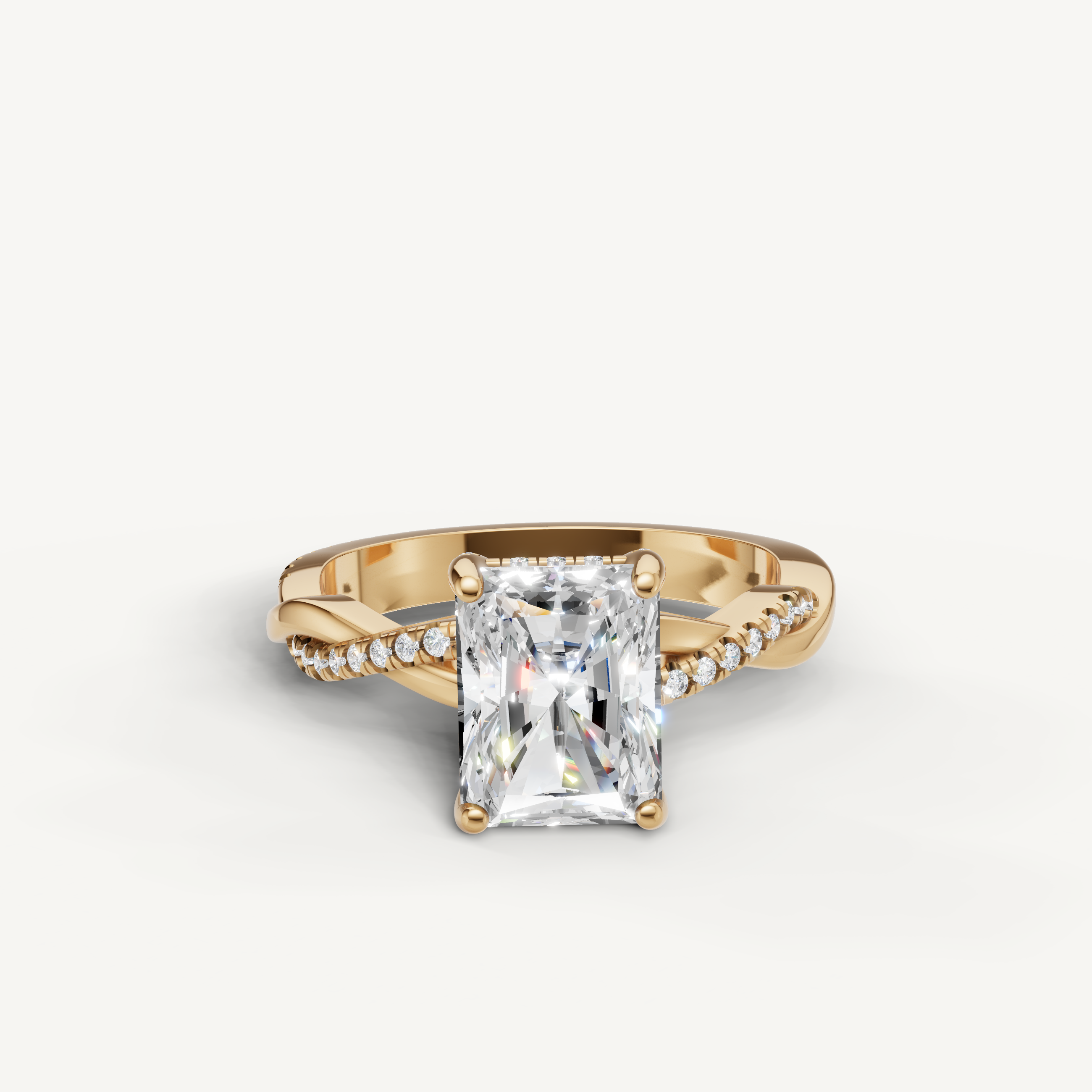 radiant cut lab grown diamond bypass engagement ring in 14k yellow gold with pavé diamond crossover band
