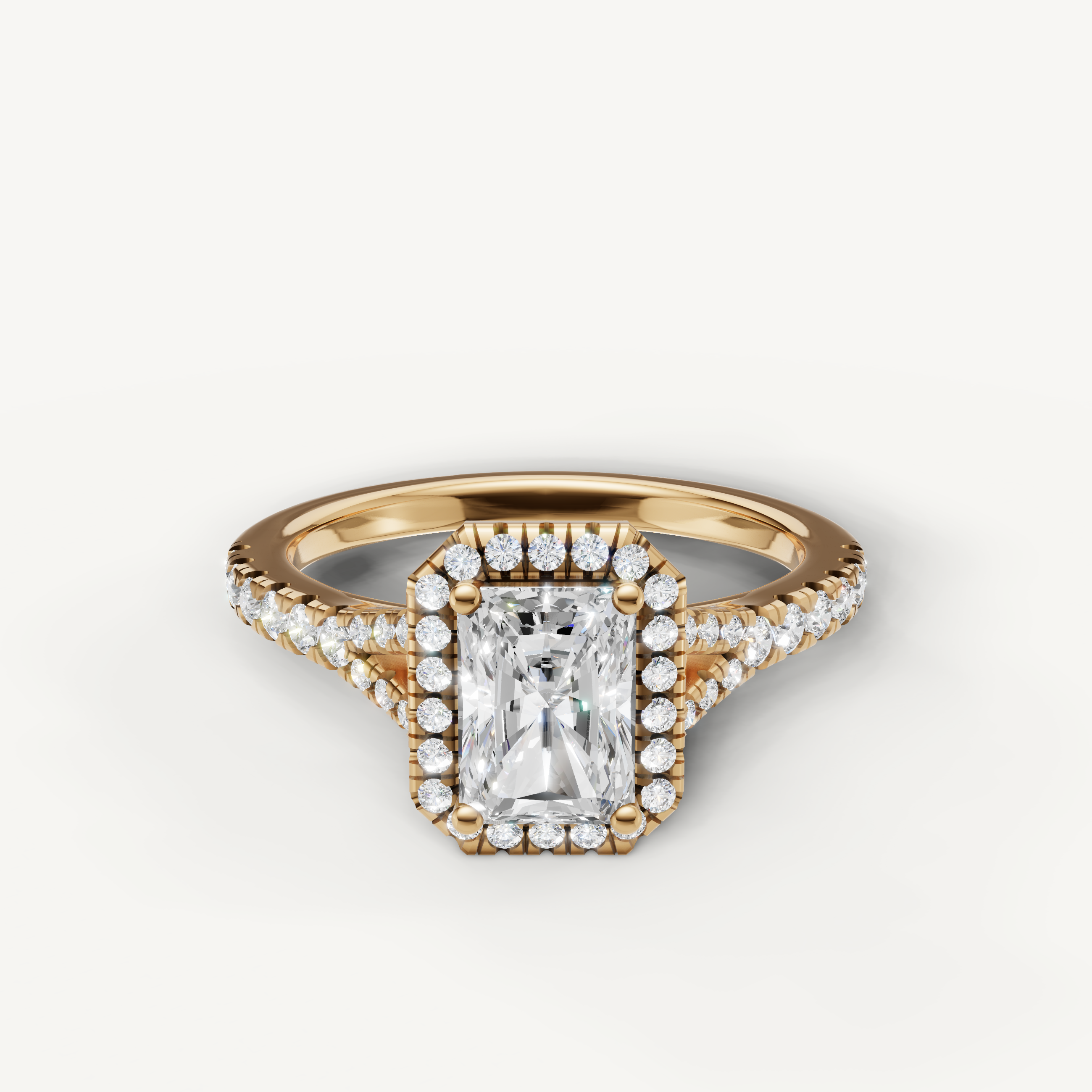 Radiant cut halo pavé lab grown diamond engagement ring in 14K yellow gold