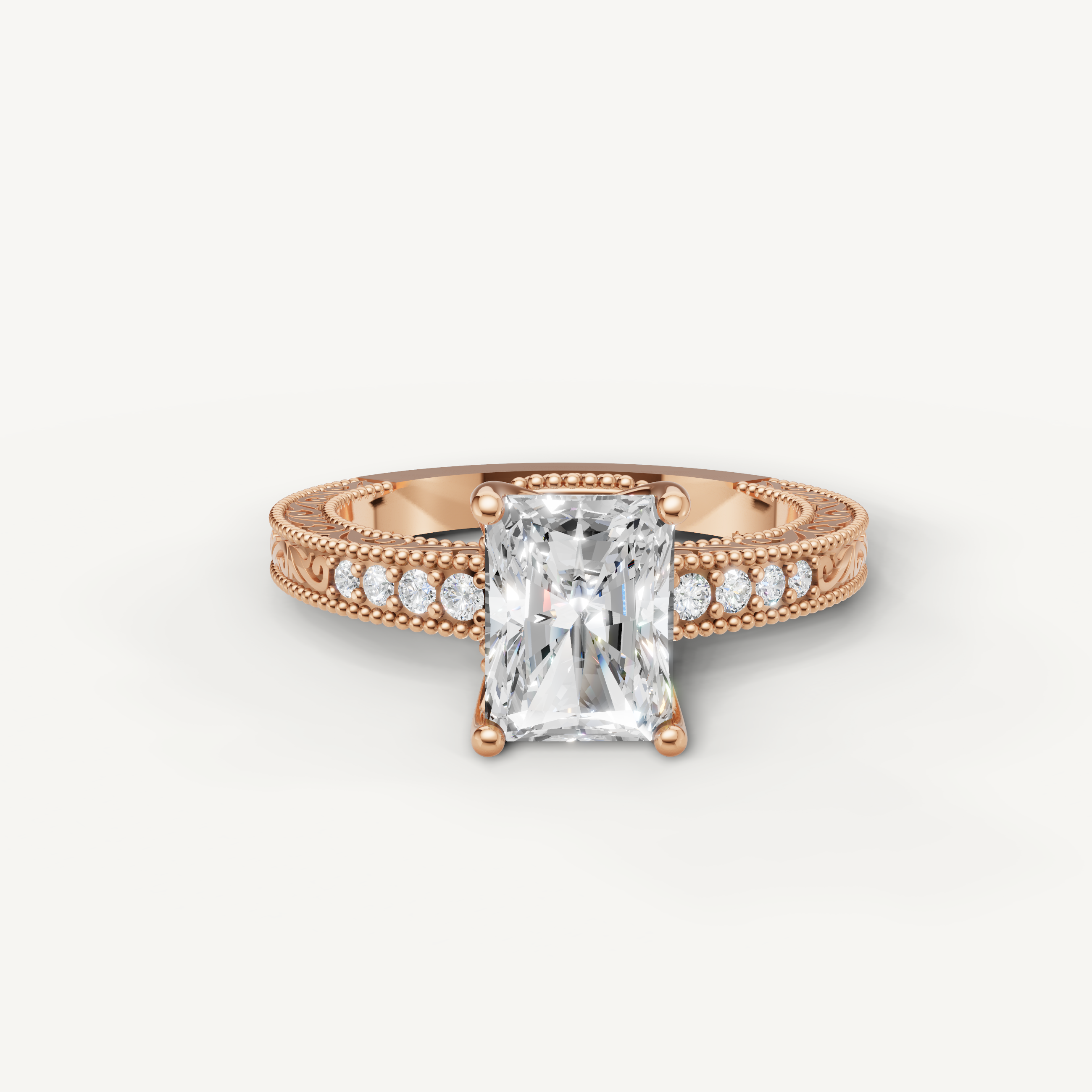 Vintage radiant cut lab grown diamond engagement ring in 14K rose gold with detailed milgrain and pavé accents by Raul Diamonds.