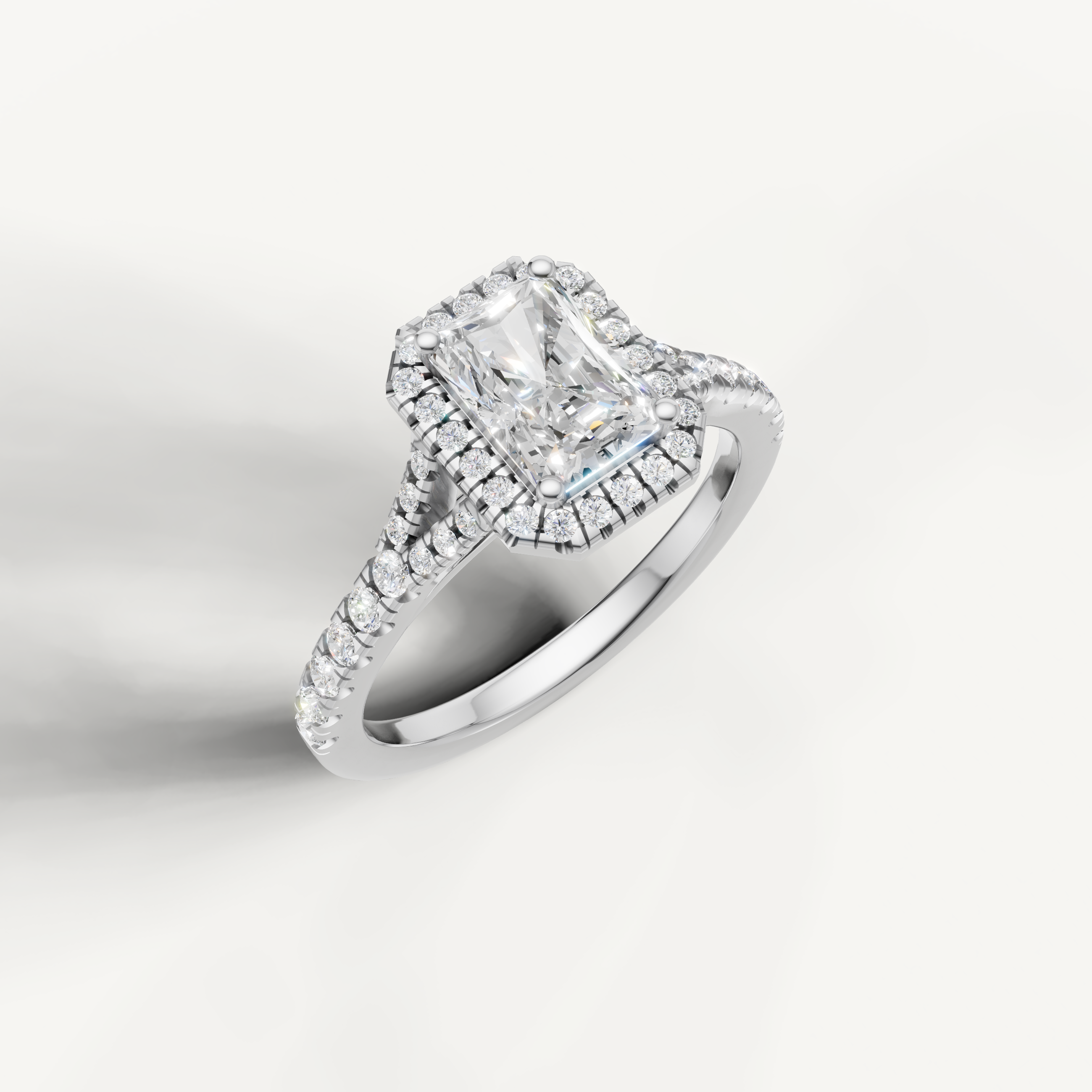 IGI certified radiant cut lab diamond halo ring with pavé band white gold DEF VVS
