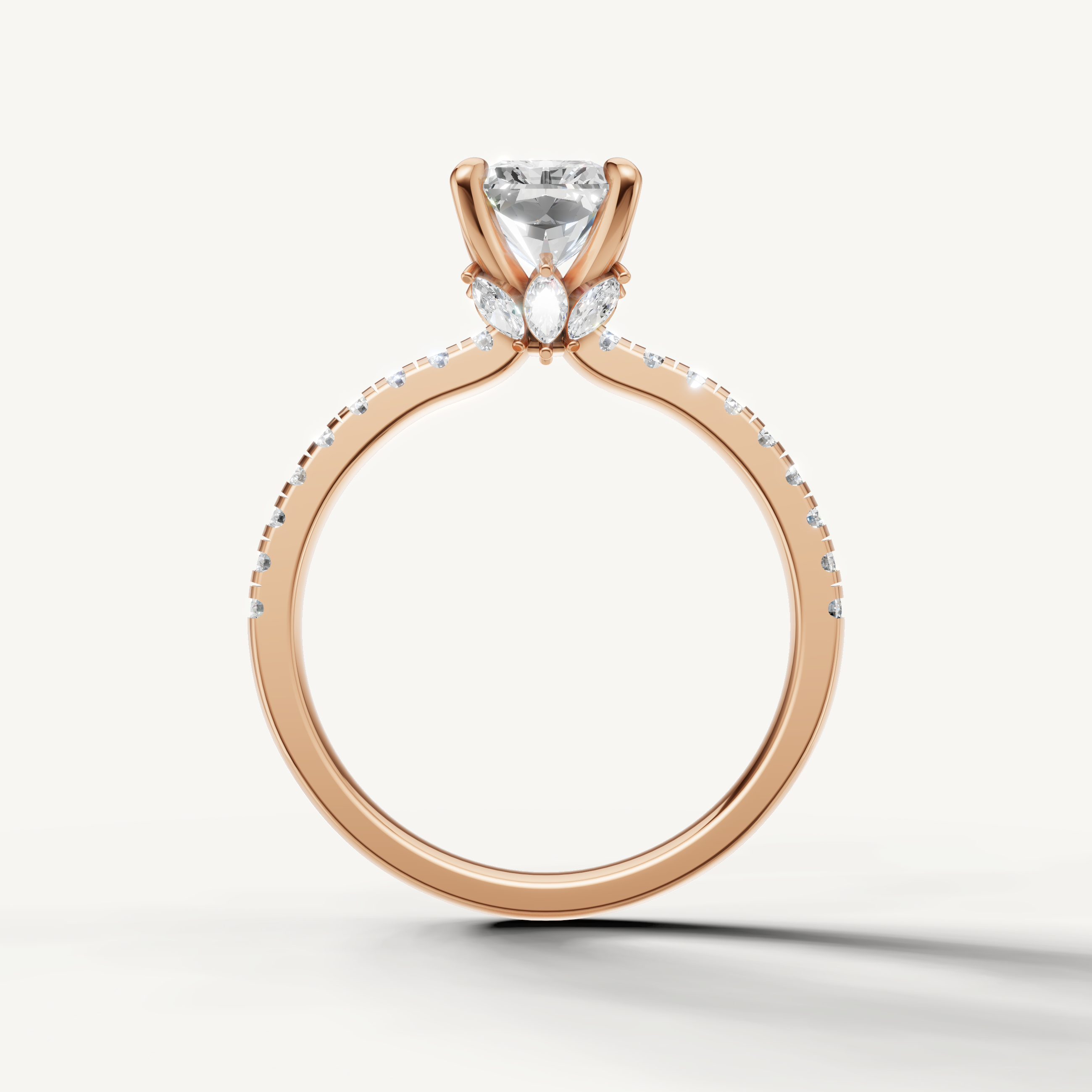 Exquisite rose gold radiant shape diamond ring showcasing a high-carat center stone and diamond-encrusted shank.