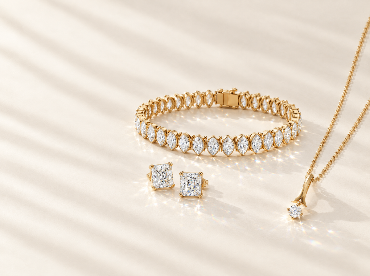 Lab-grown diamond tennis bracelet, stud earrings and pendant necklace in 14K yellow gold