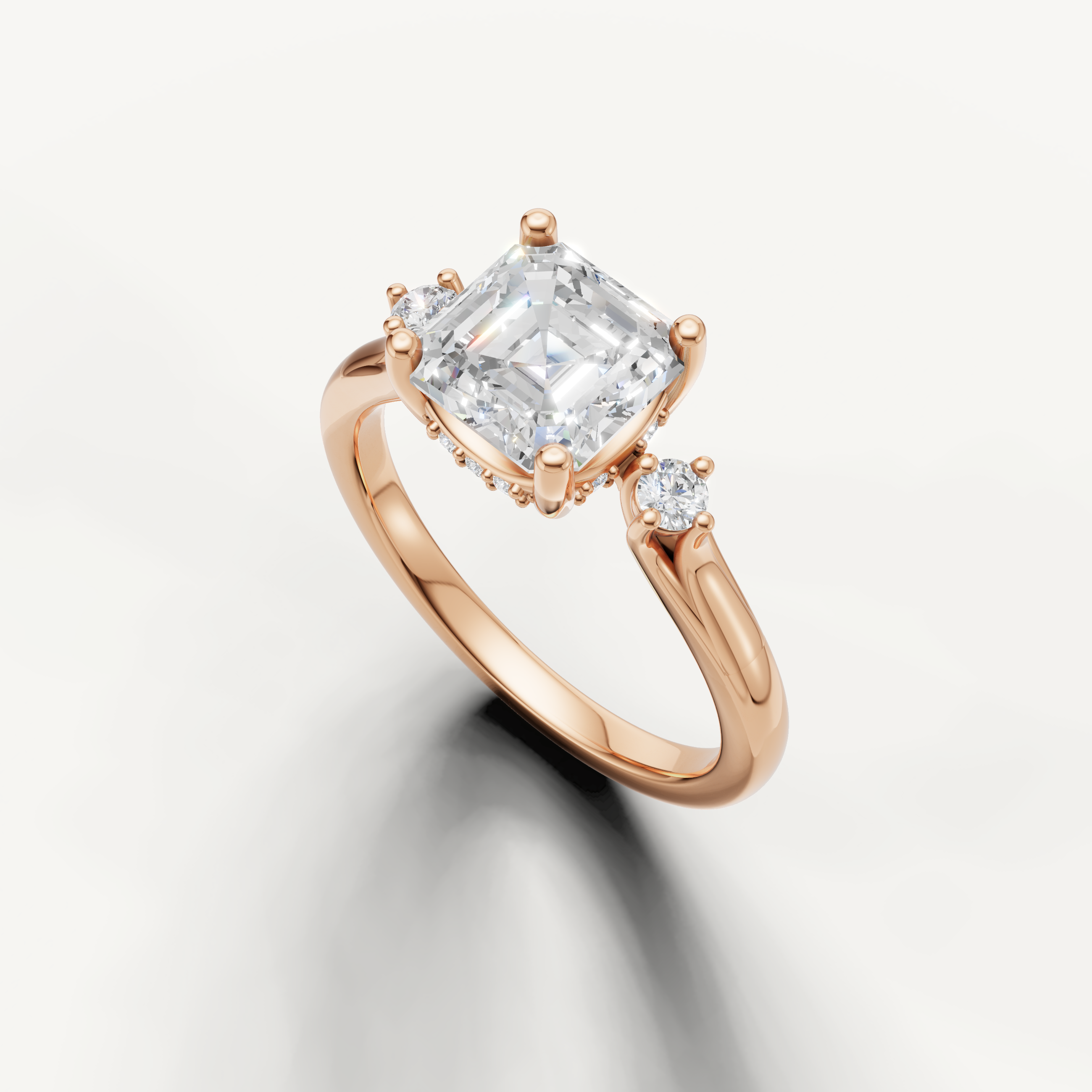 Raul Diamonds asscher cut engagement ring with hall of mirrors sparkle and petite side diamonds