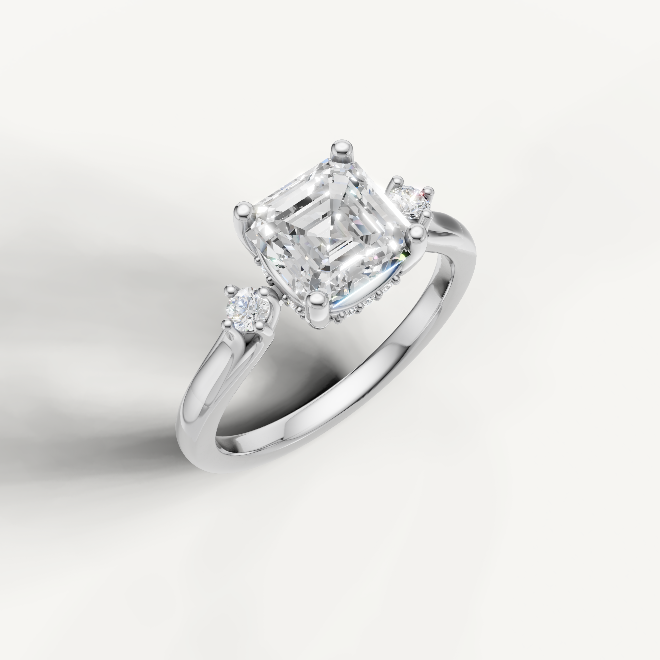 14K white gold asscher cut lab grown diamond ring with brilliant side stones and timeless elegance