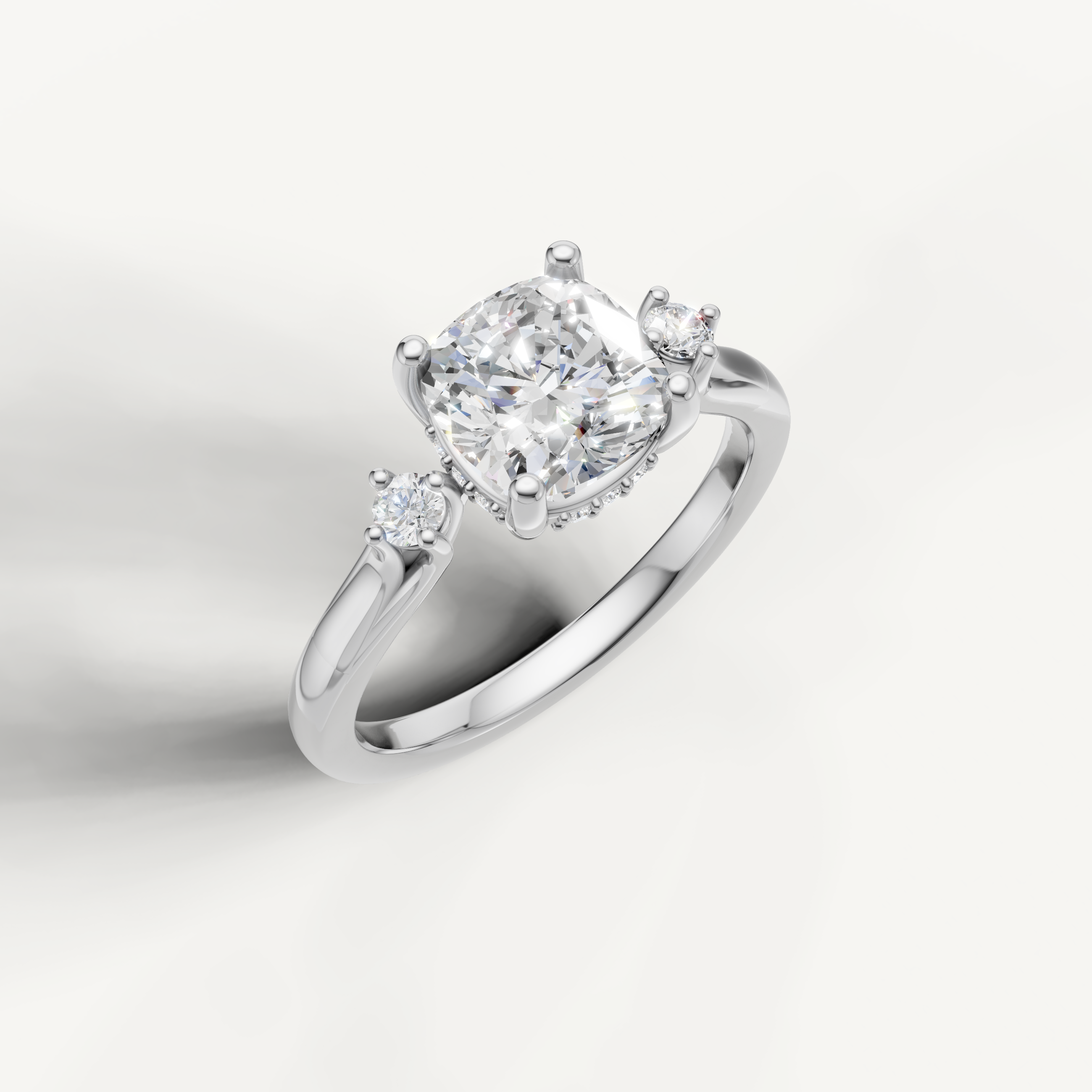 White gold cushion cut diamond ring with brilliant cushion center stone by Raul Diamonds