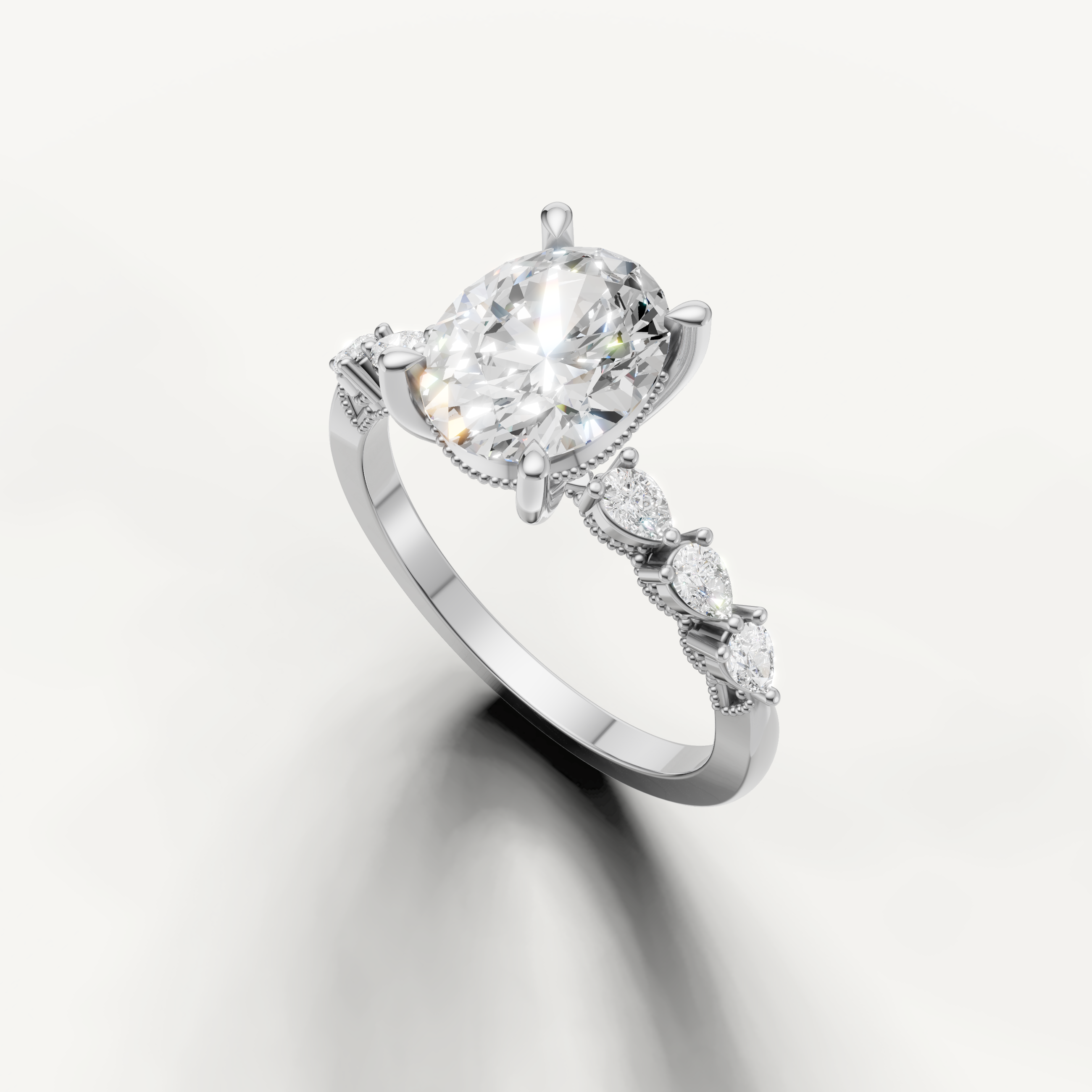 14K white gold oval cut engagement ring featuring lab grown diamond center stone and marquise side diamonds