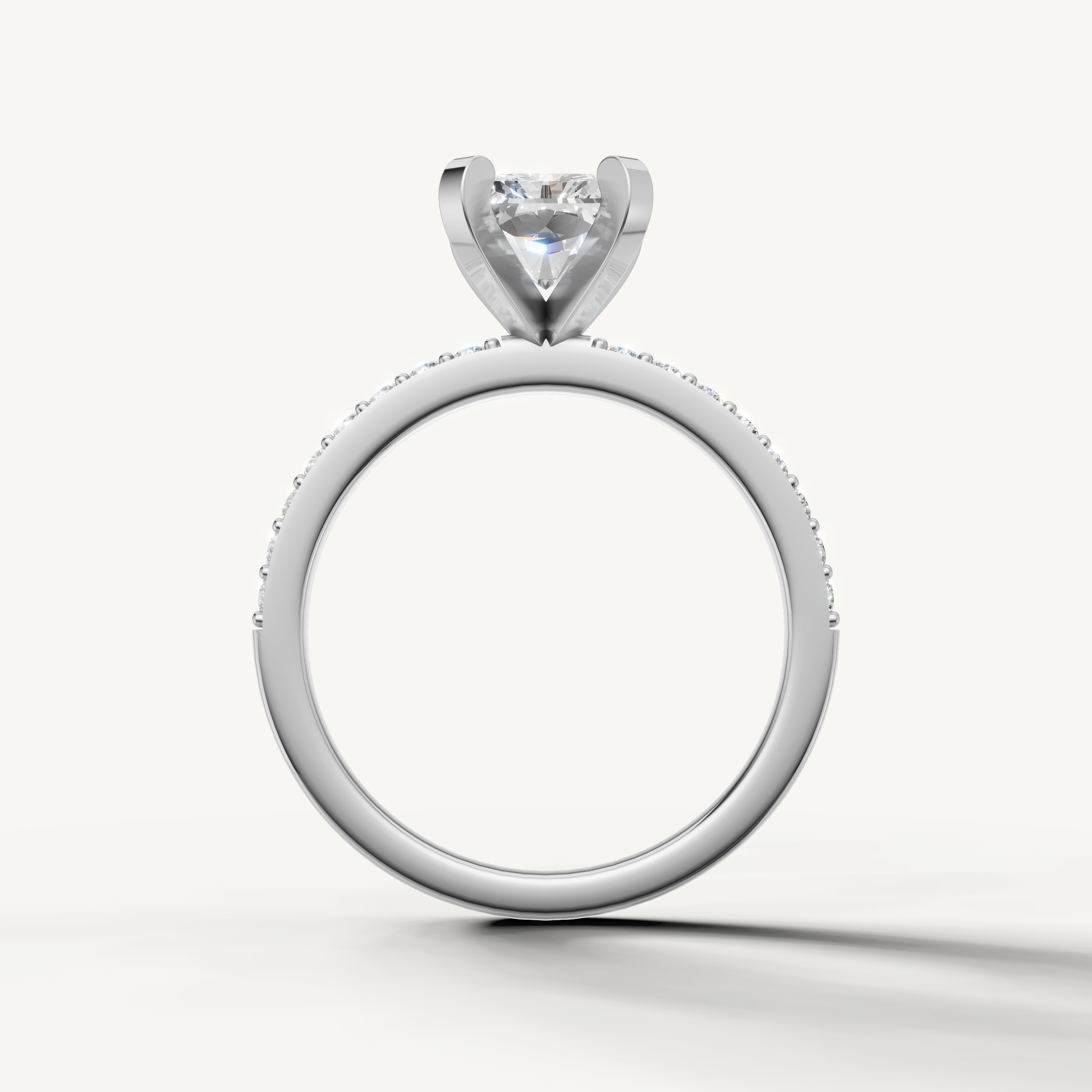 Classic radiant cut diamond engagement ring in white gold slim pavé band