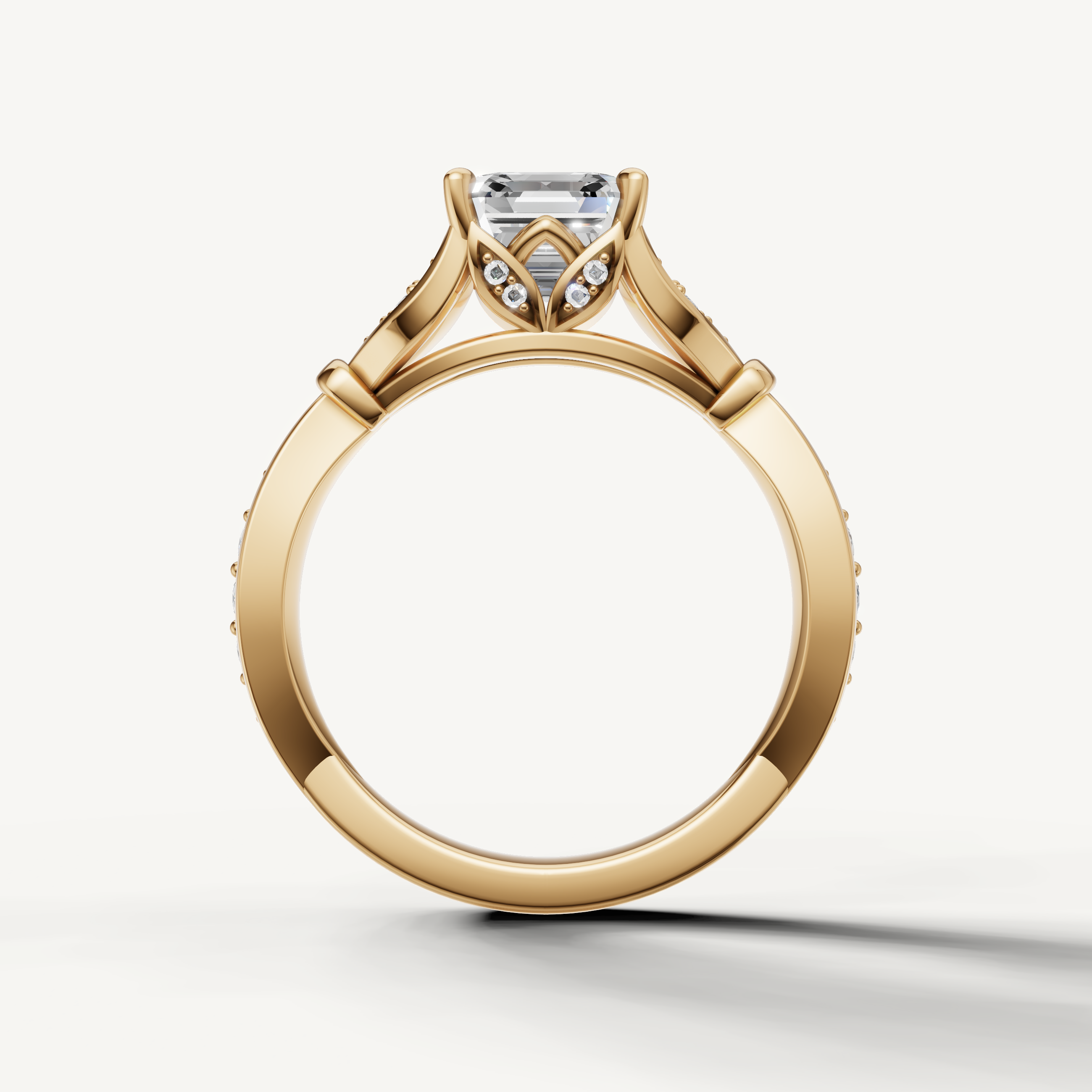 asscher cut lab grown diamond ring with knot design pavé band yellow gold
