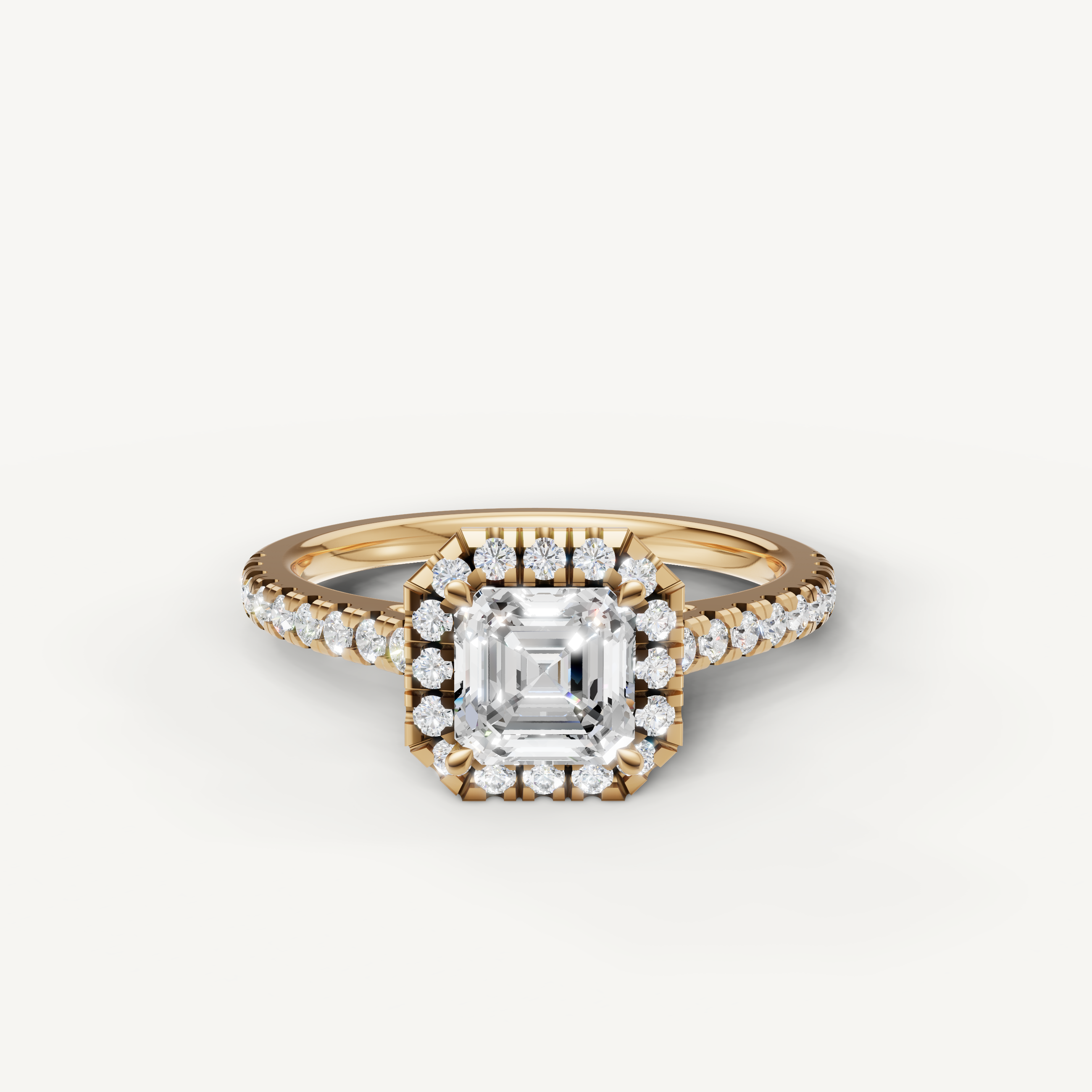 asscher cut lab grown diamond halo engagement ring with pavé band in 14k yellow gold