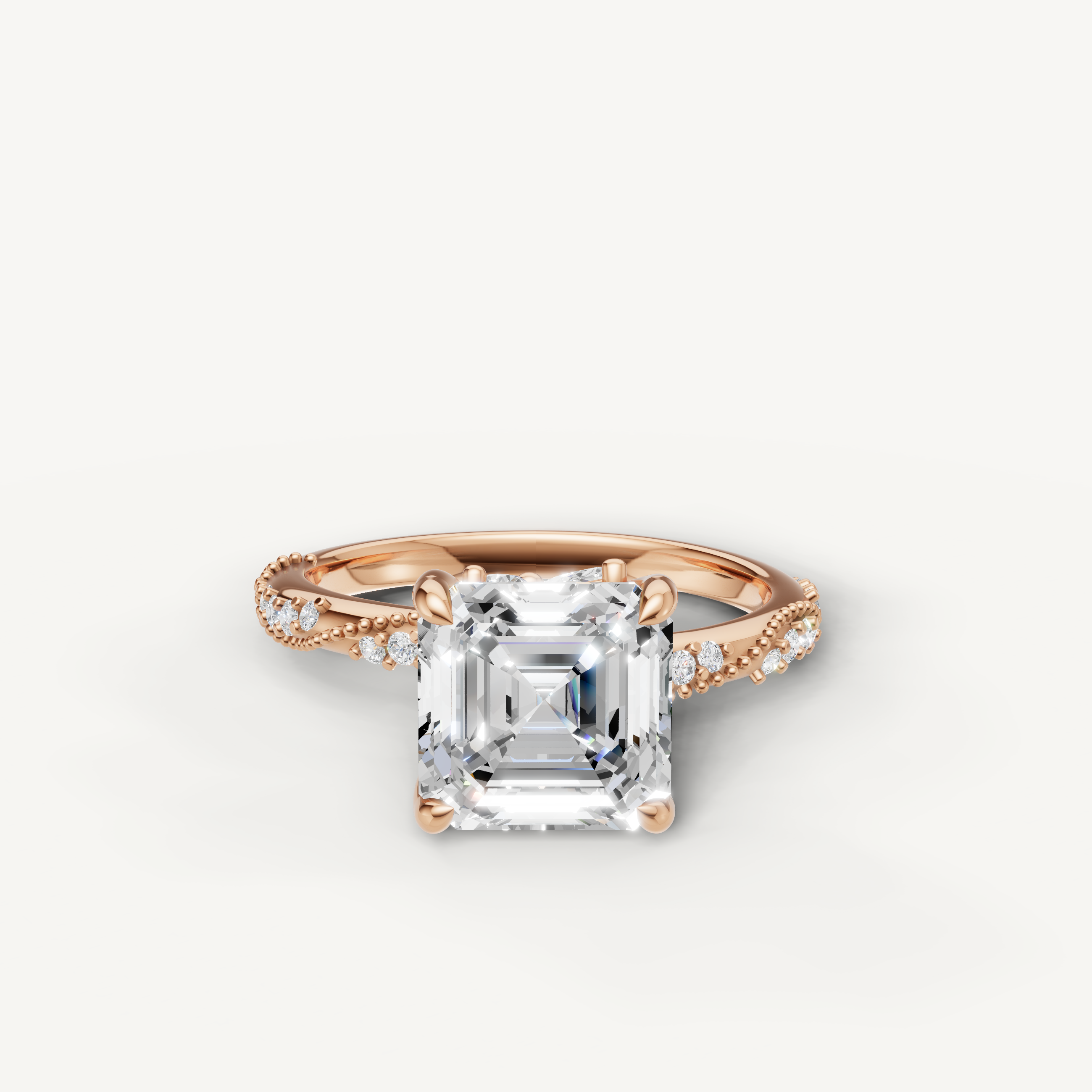 asscher cut lab grown diamond engagement ring with twisted pavé split shank rose gold