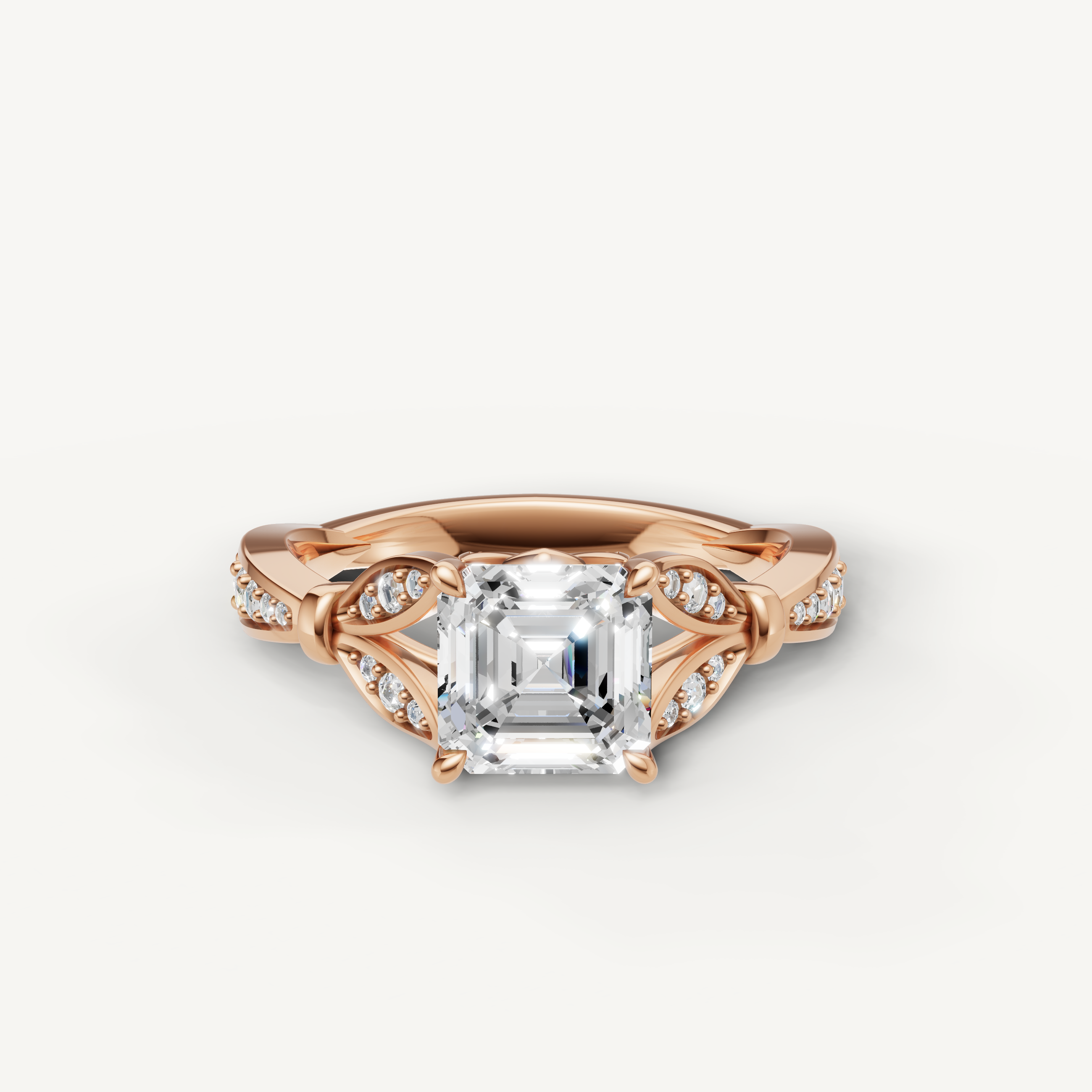 asscher cut lab grown diamond engagement ring with vintage knot pavé band rose gold
