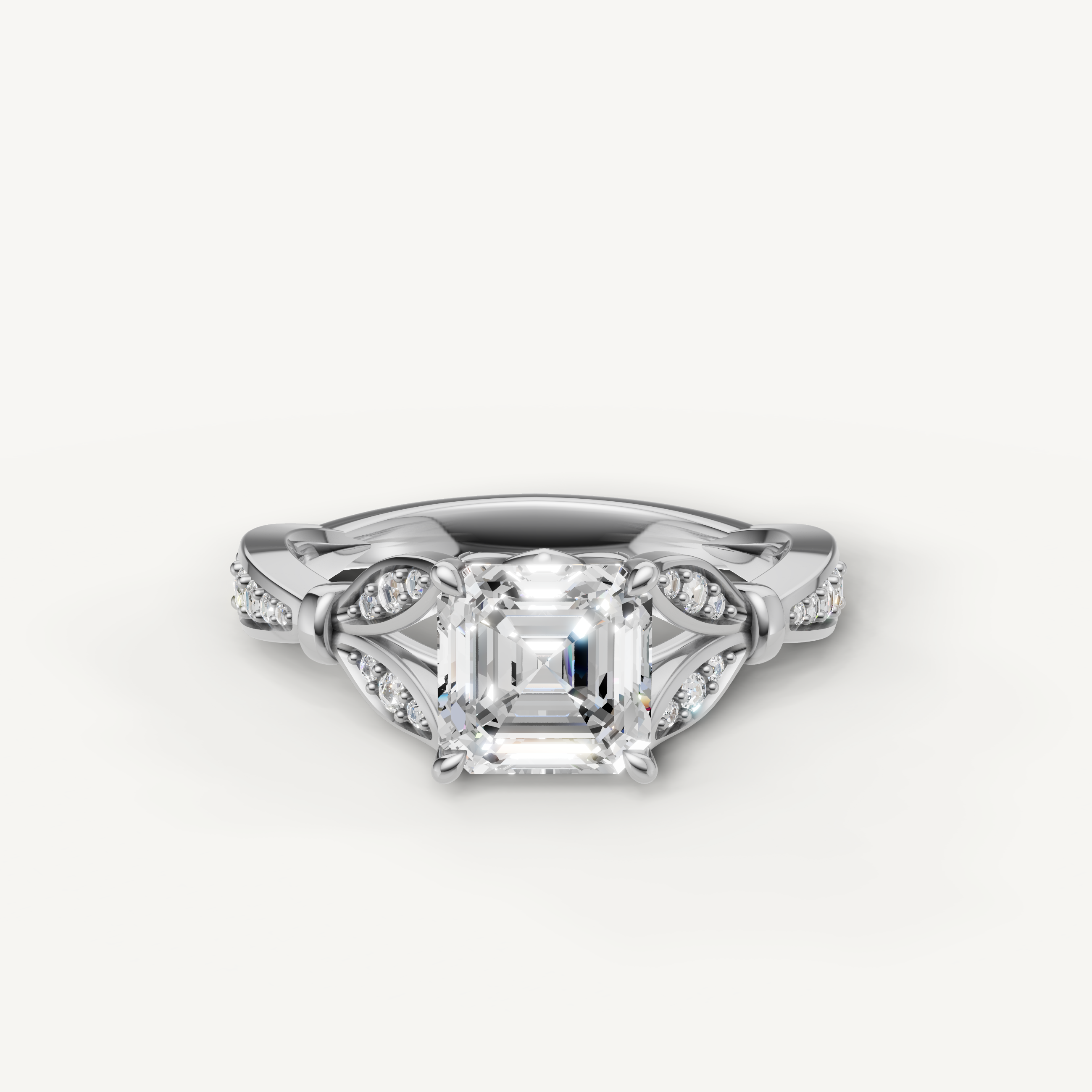 asscher cut lab grown diamond engagement ring with vintage knot pavé band white gold