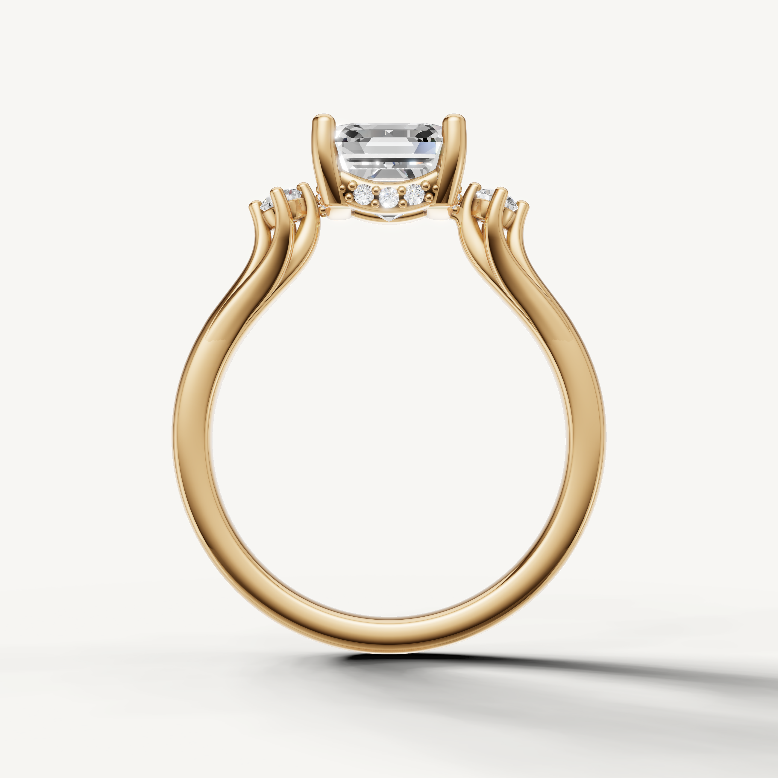 Raul Diamonds three stone asscher cut engagement ring with sparkling round side diamonds