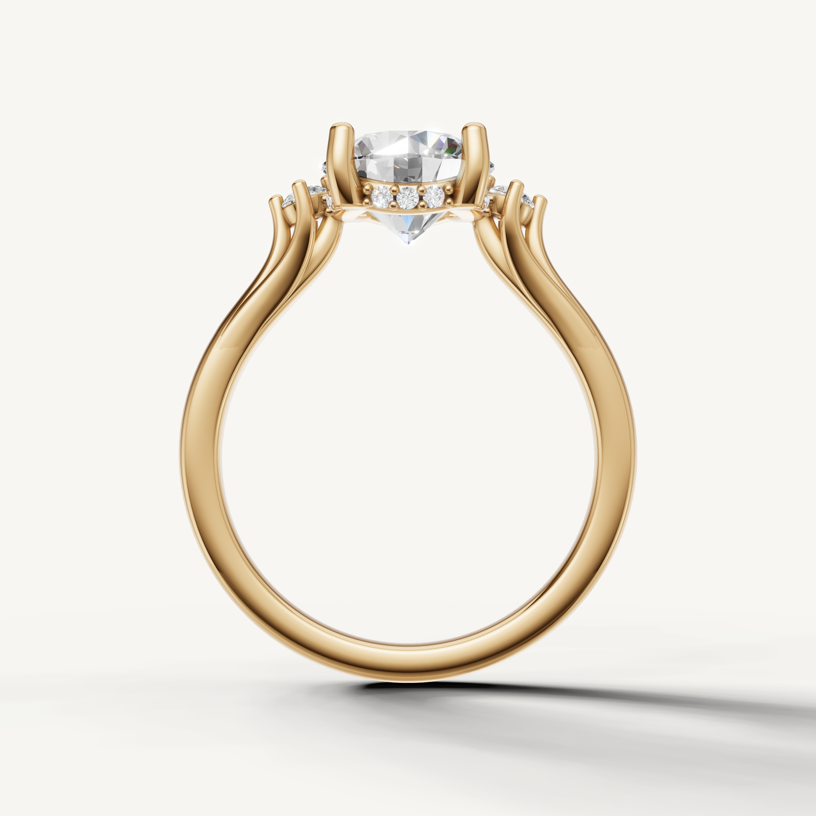 14K yellow gold round lab grown diamond ring with classic four prong setting and brilliant fire