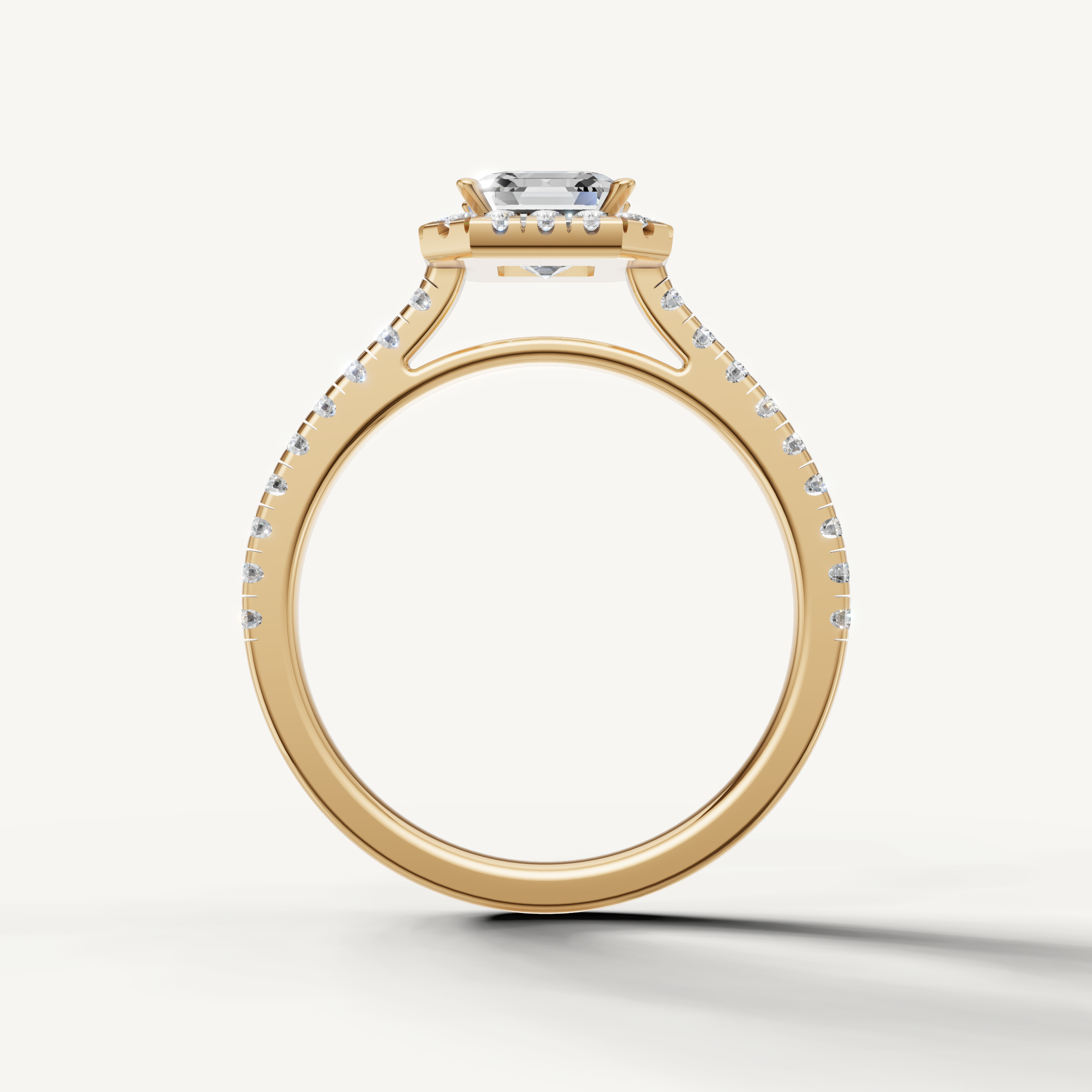 timeless asscher cut lab grown diamond halo engagement ring in yellow gold