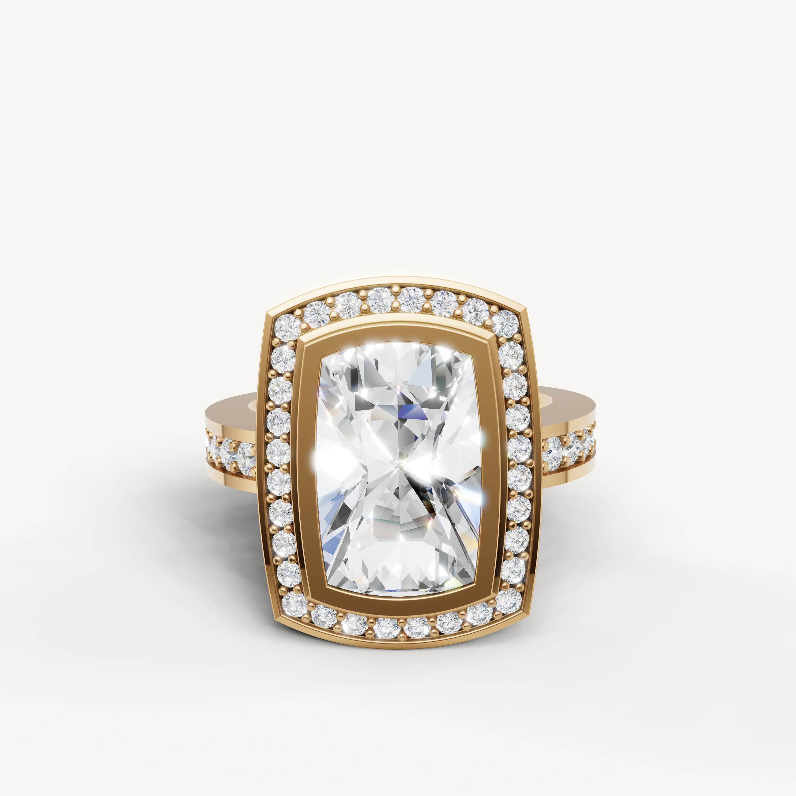 Raul Diamonds cushion cut halo engagement ring with pavé diamond band in yellow gold.
