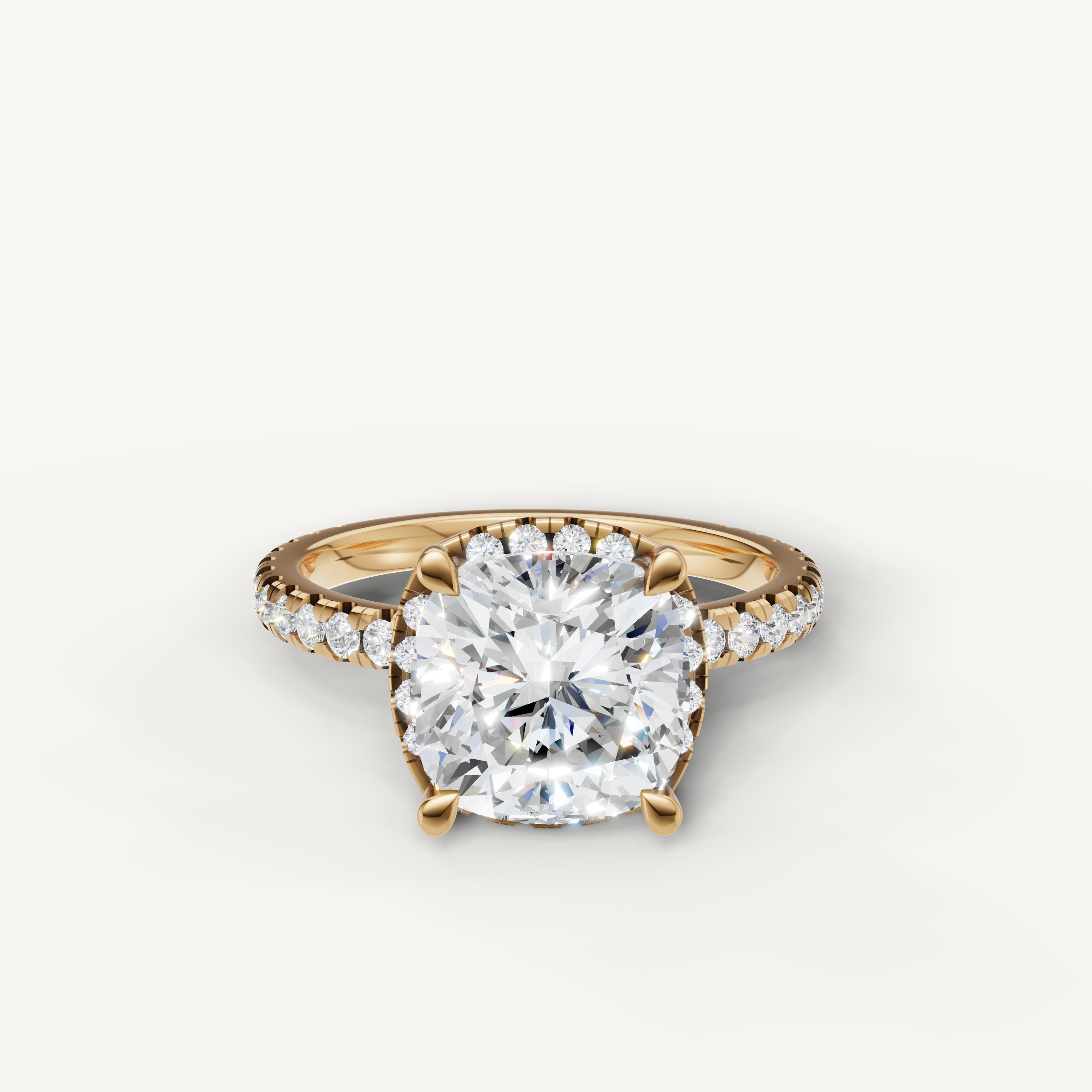 Cushion cut lab grown diamond engagement ring with pavé band yellow gold classic style