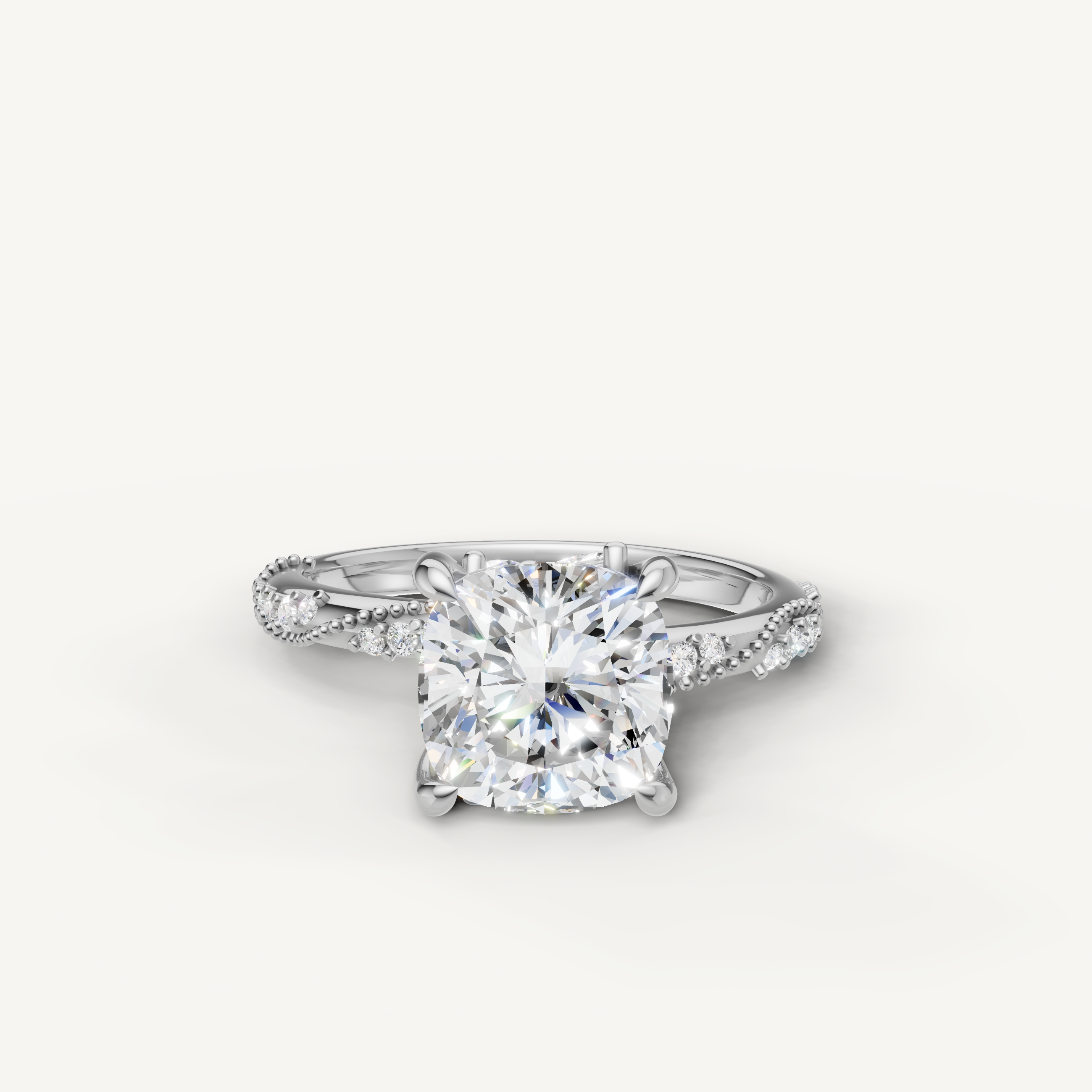 Raul Diamonds cushion cut lab grown diamond engagement ring in 14K white gold with twisted pavé band