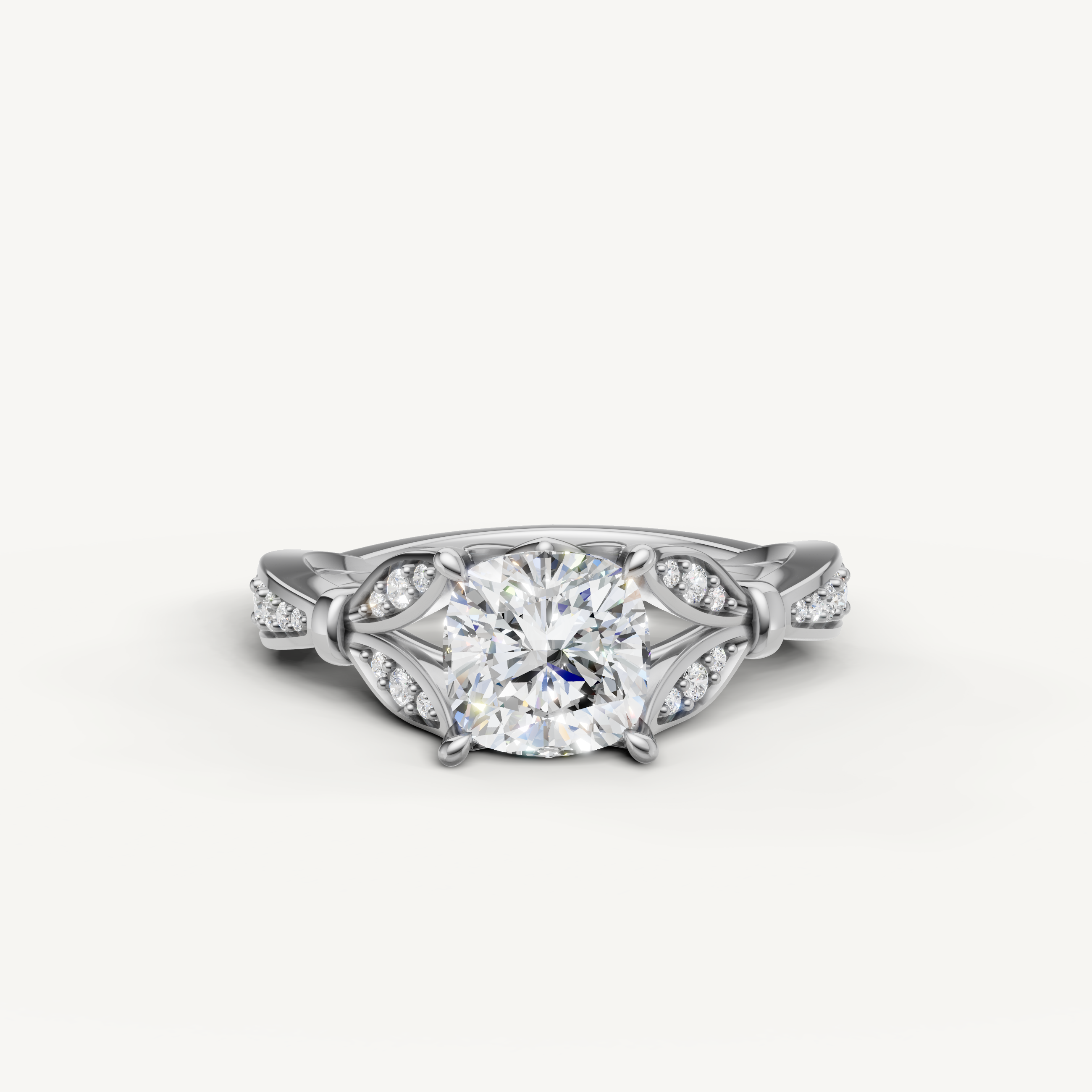 Cushion cut lab grown diamond engagement ring in 14K white gold with intricate pavé detailing by Raul Diamonds
