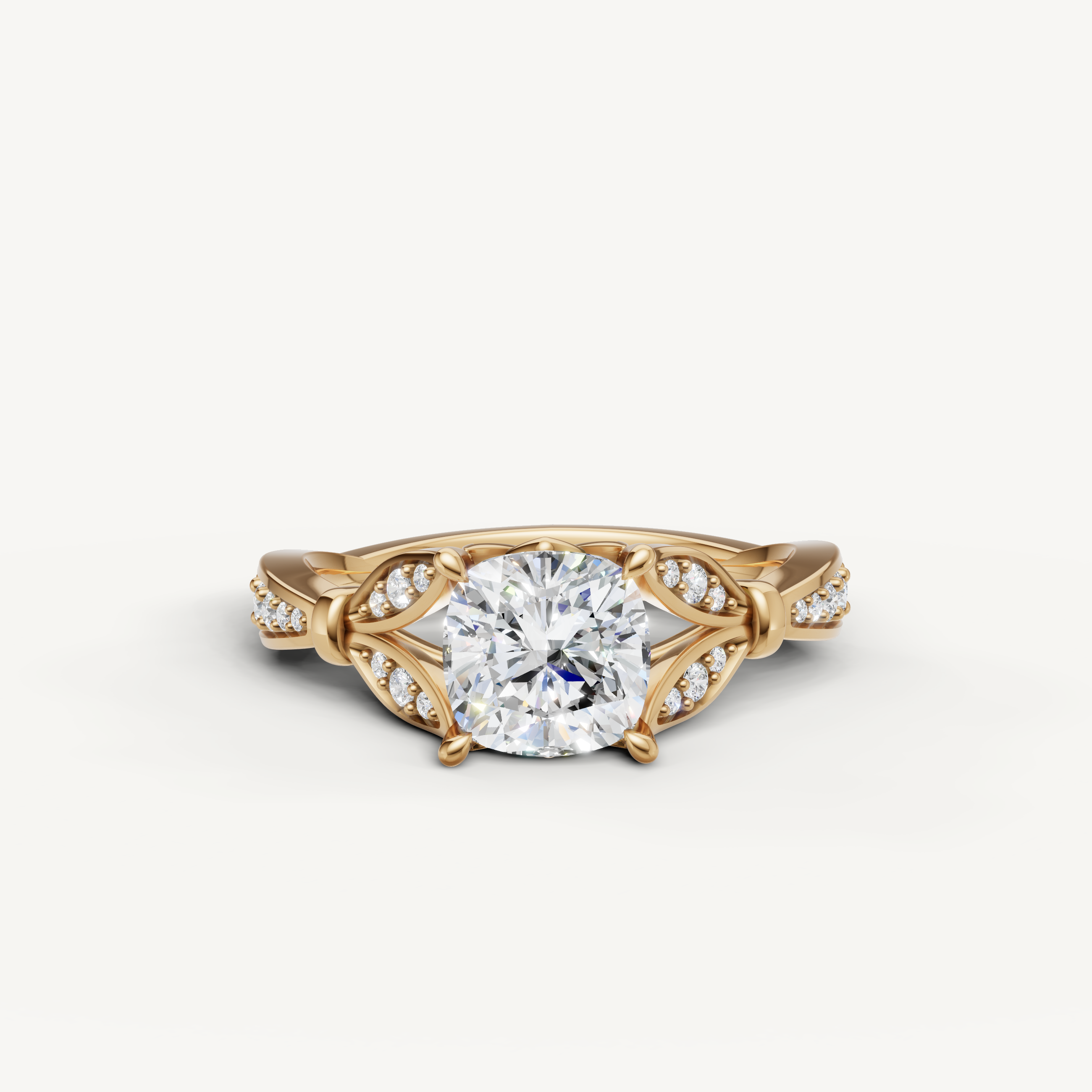 Cushion cut lab grown diamond engagement ring in 14K yellow gold with vintage pavé detailing by Raul Diamonds