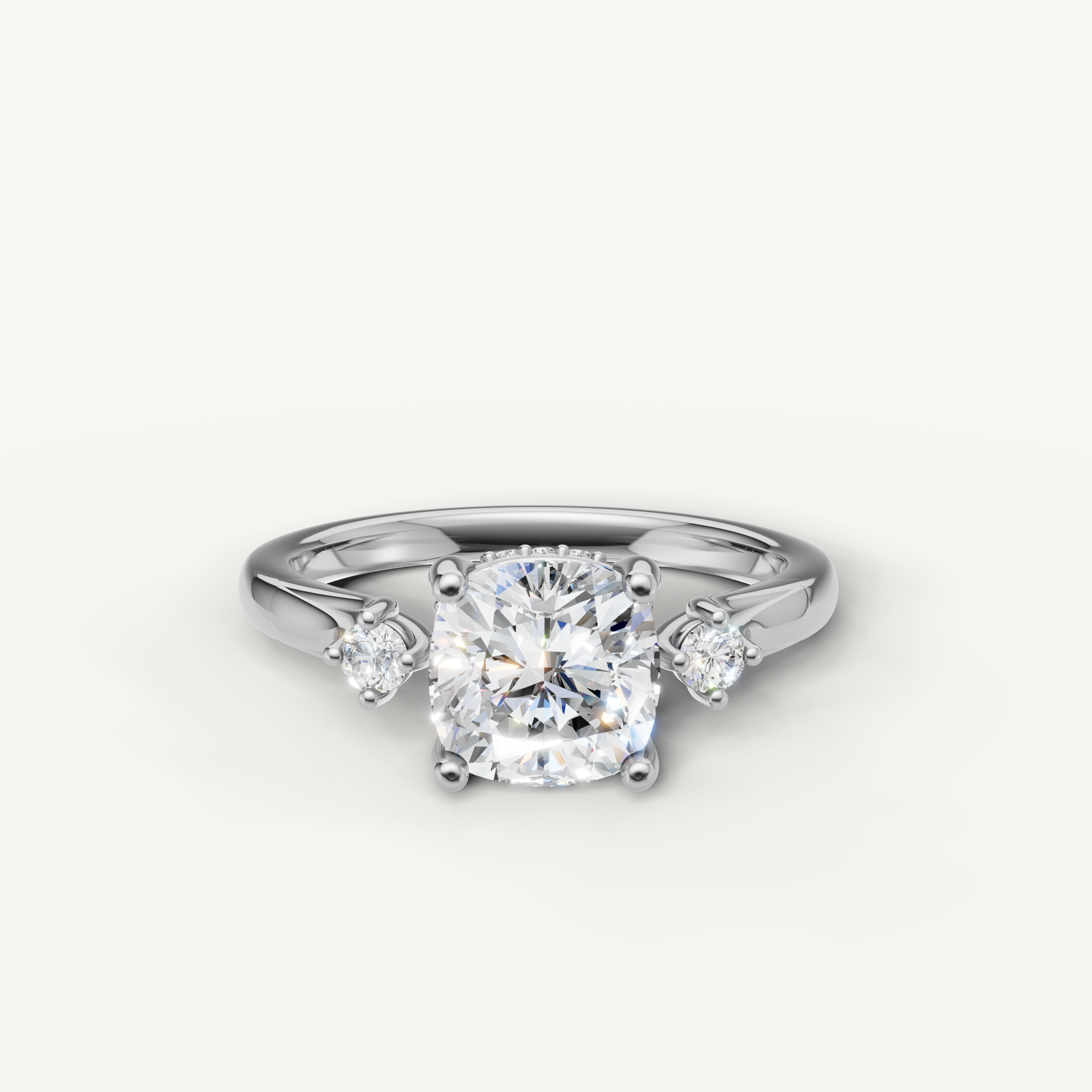 Cushion cut lab grown diamond engagement ring in 14K white gold with sparkling side stones