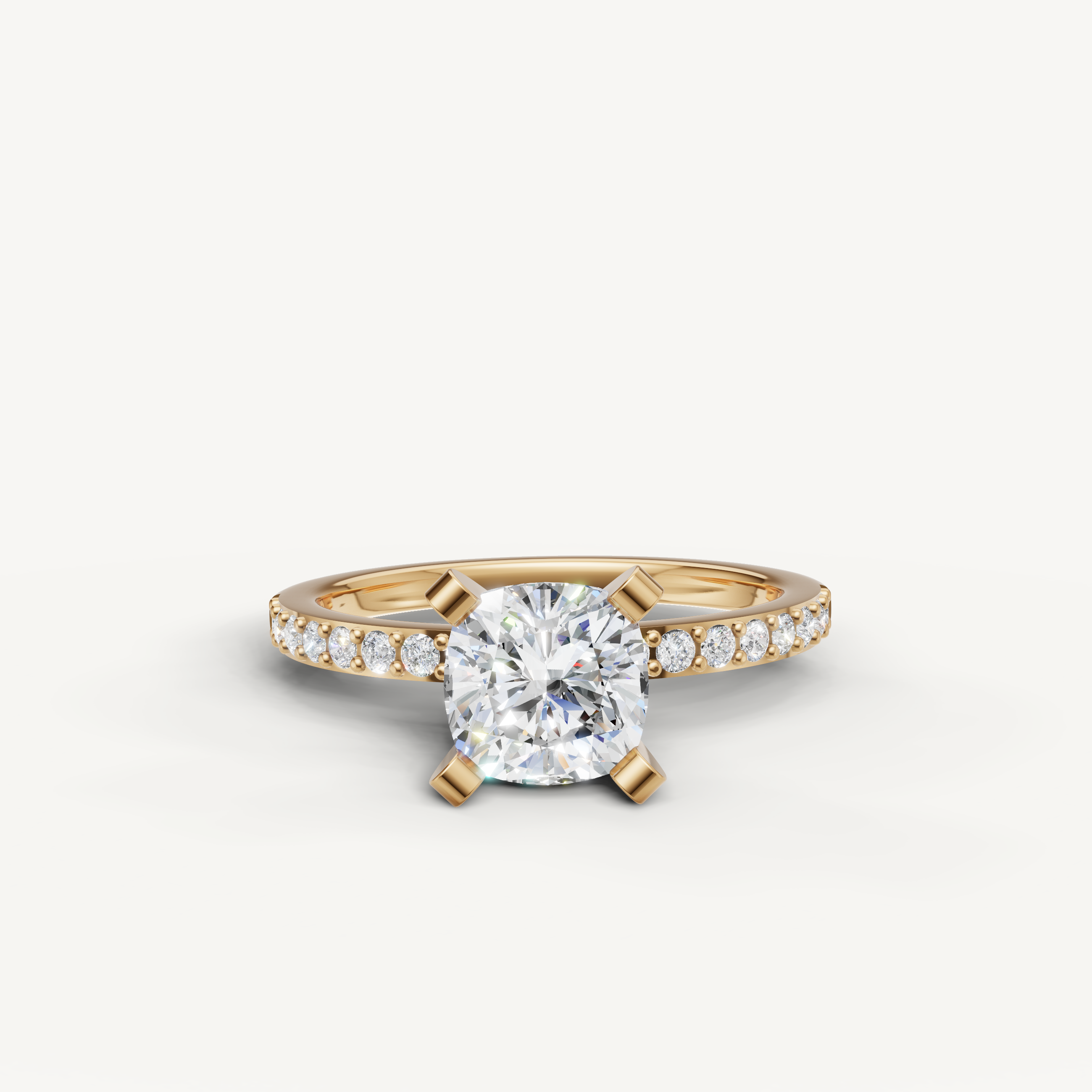 Cushion cut lab grown diamond engagement ring in 14K yellow gold with pavé band