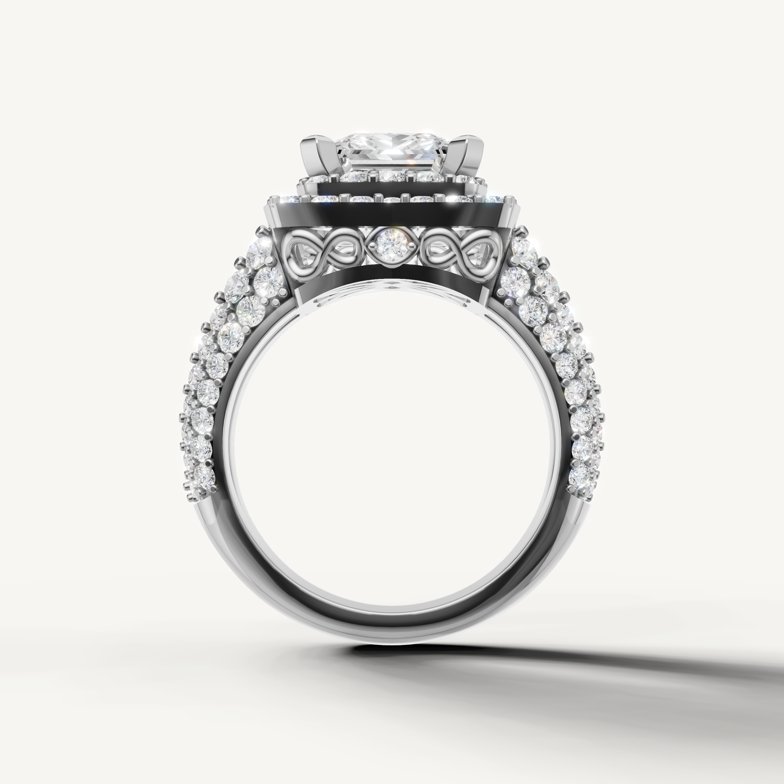 Timeless princess halo diamond ring with luxurious pavé setting by Raul Diamonds.
