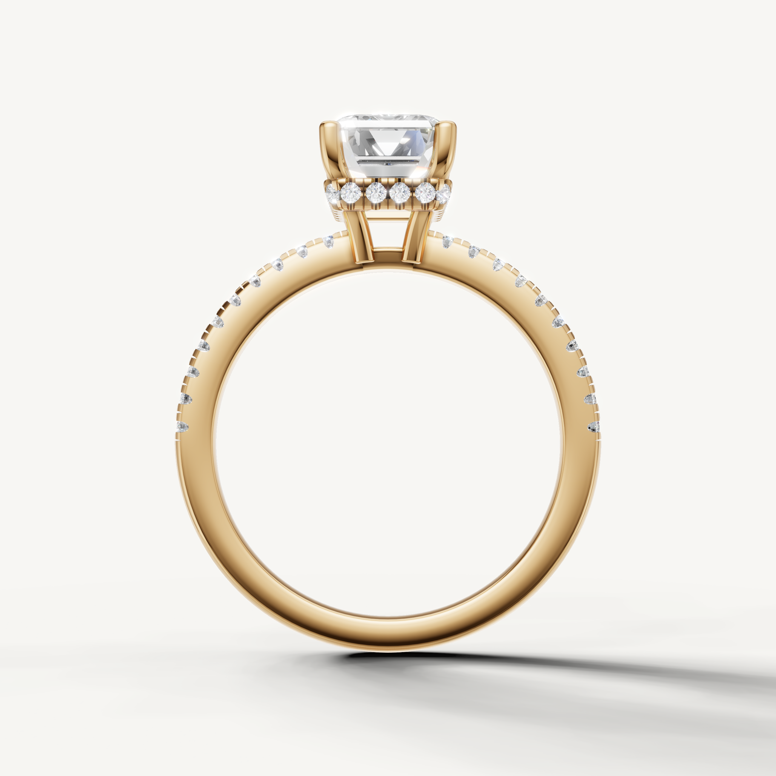 minimalist emerald lab grown diamond ring with pavé setting in yellow gold