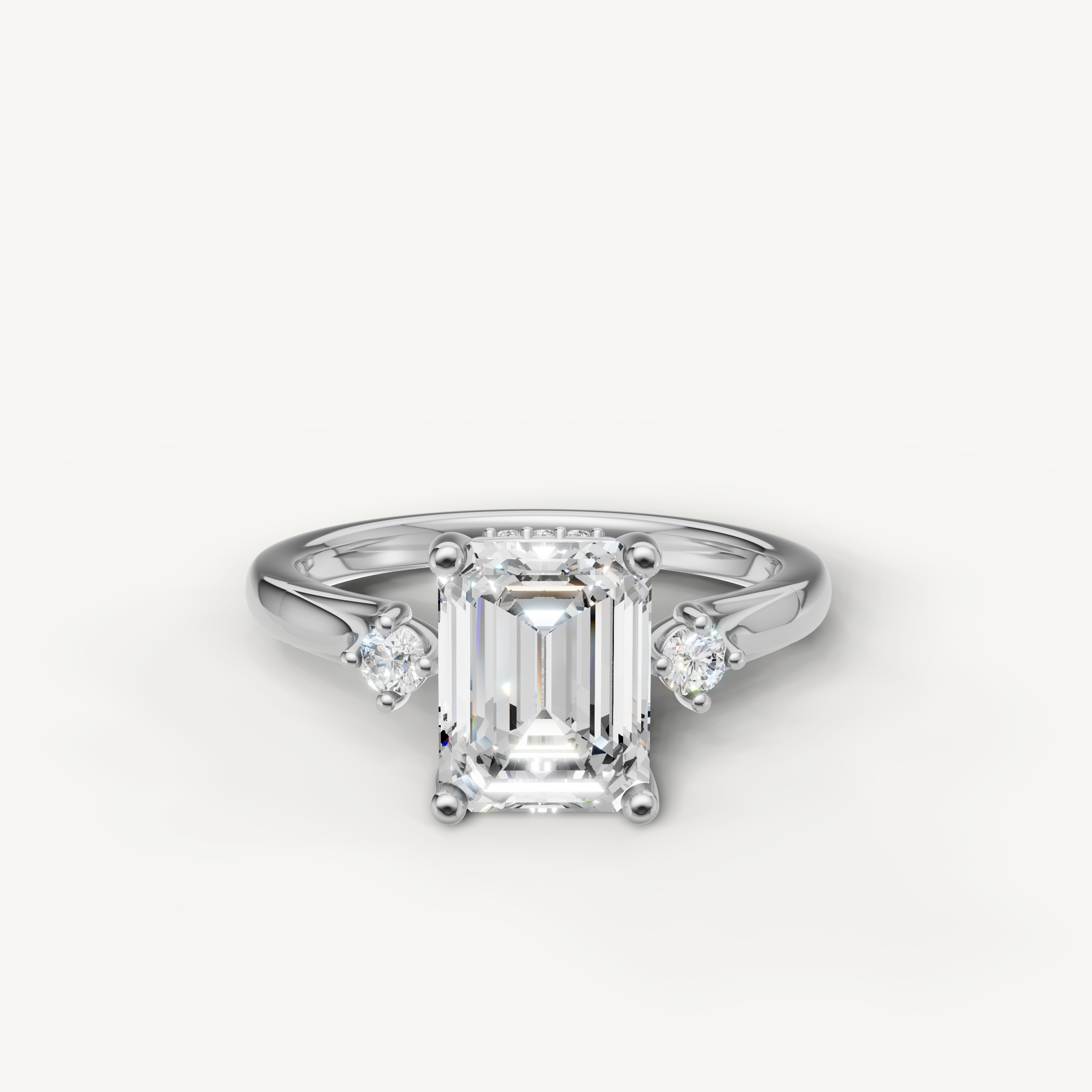 Emerald cut lab grown diamond engagement ring in 14K white gold with sparkling side stones