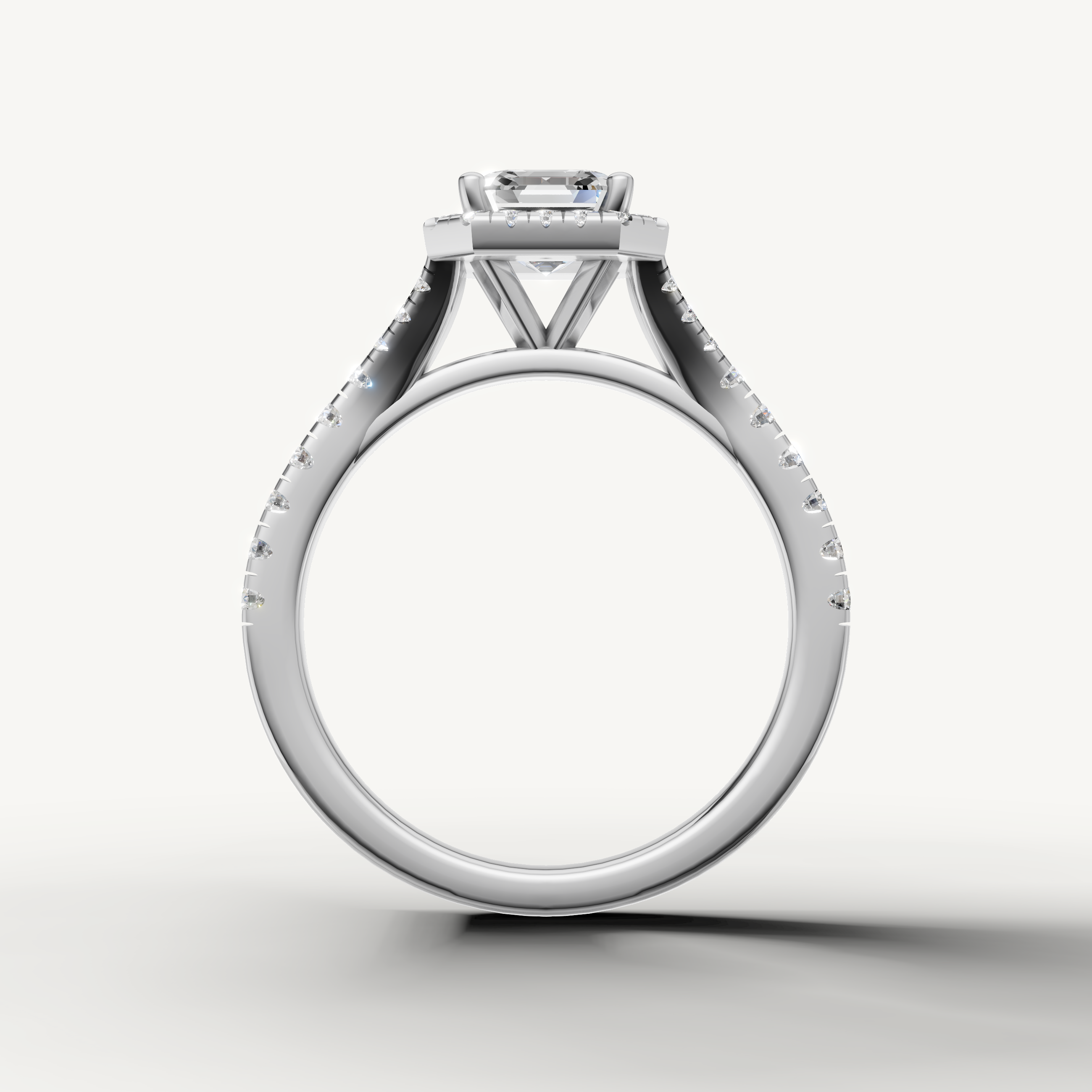 Asscher diamond engagement ring with halo and pavé band white gold