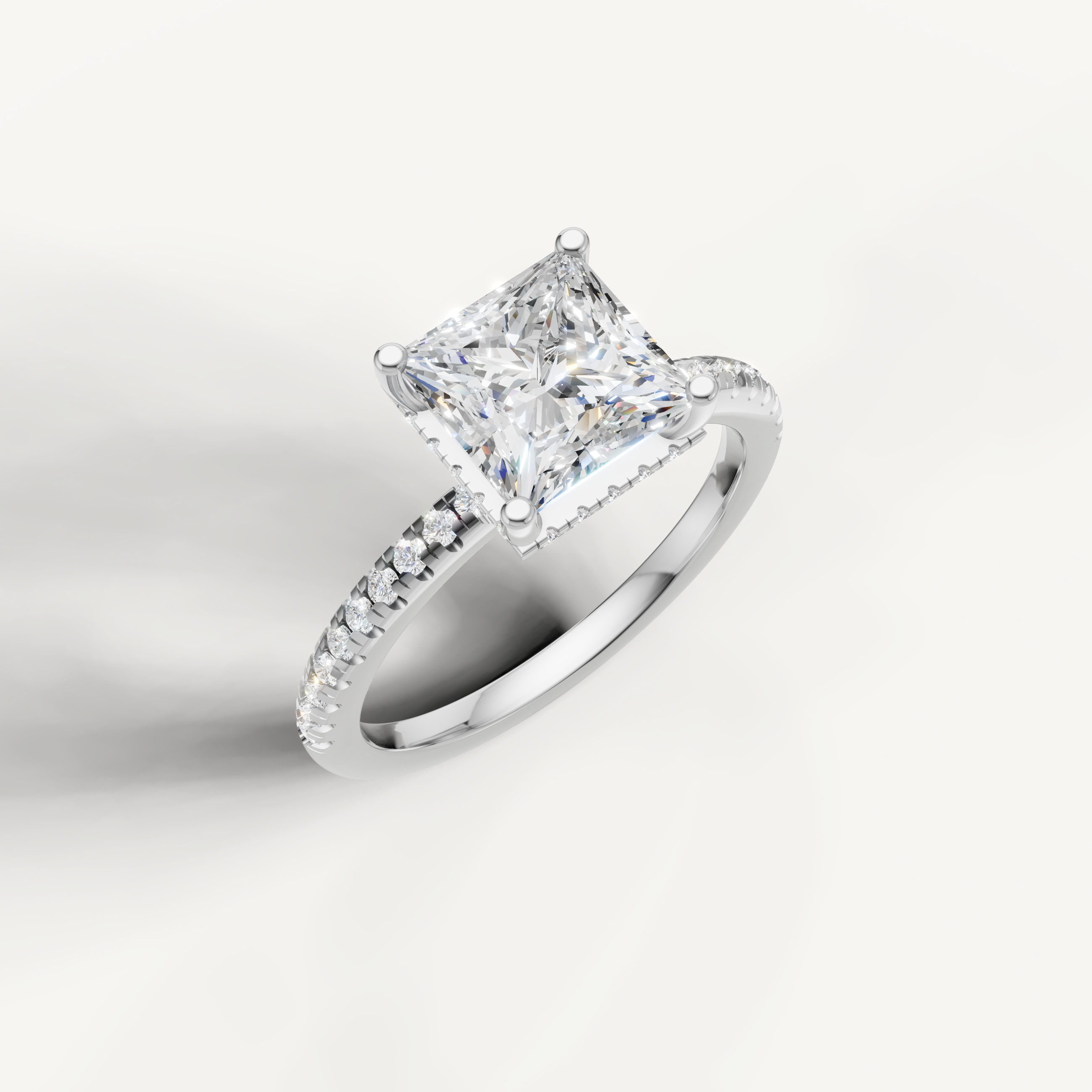 IGI certified princess cut lab diamond solitaire ring with delicate pavé shank white gold
