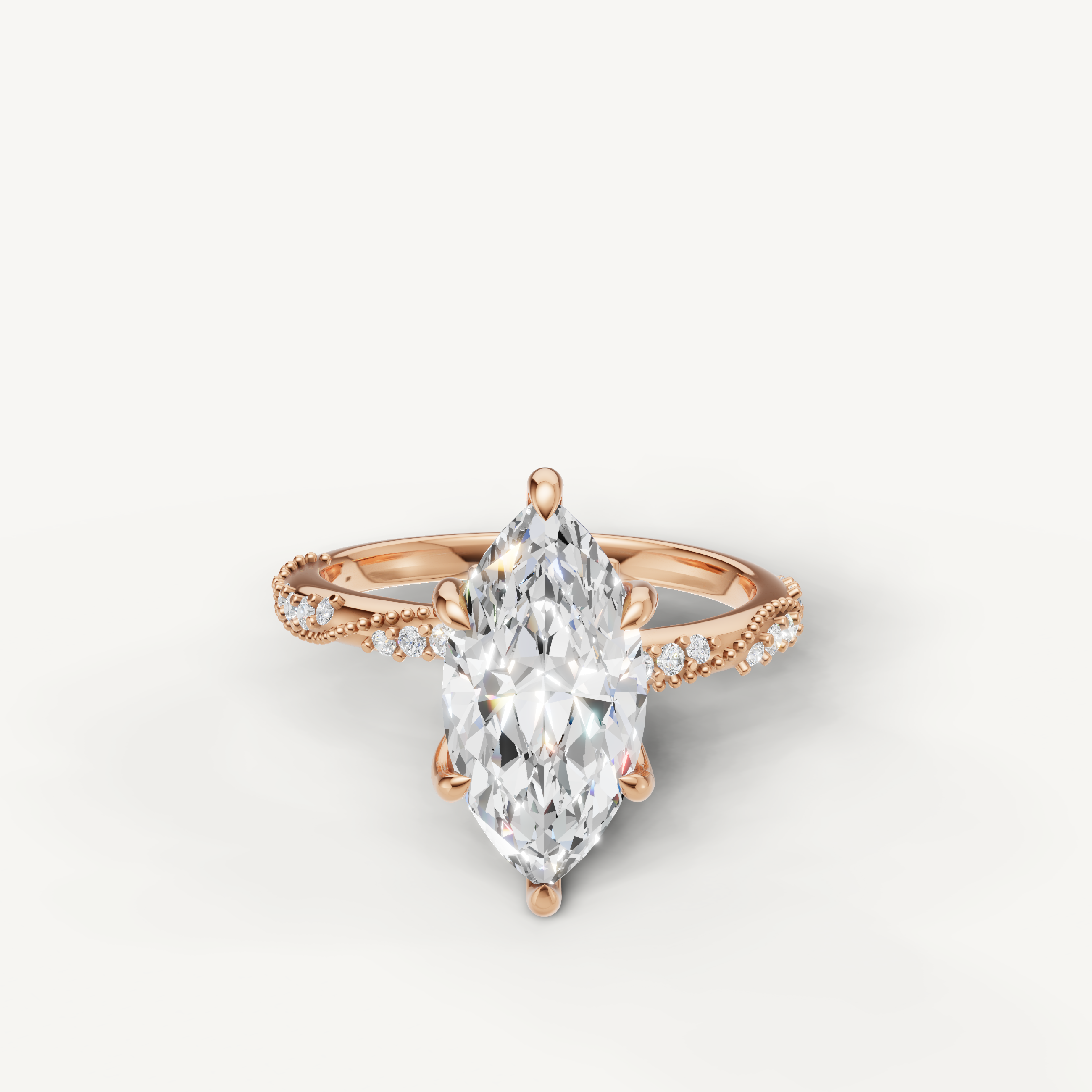 marquise cut lab grown diamond engagement ring with twisted pavé band rose gold