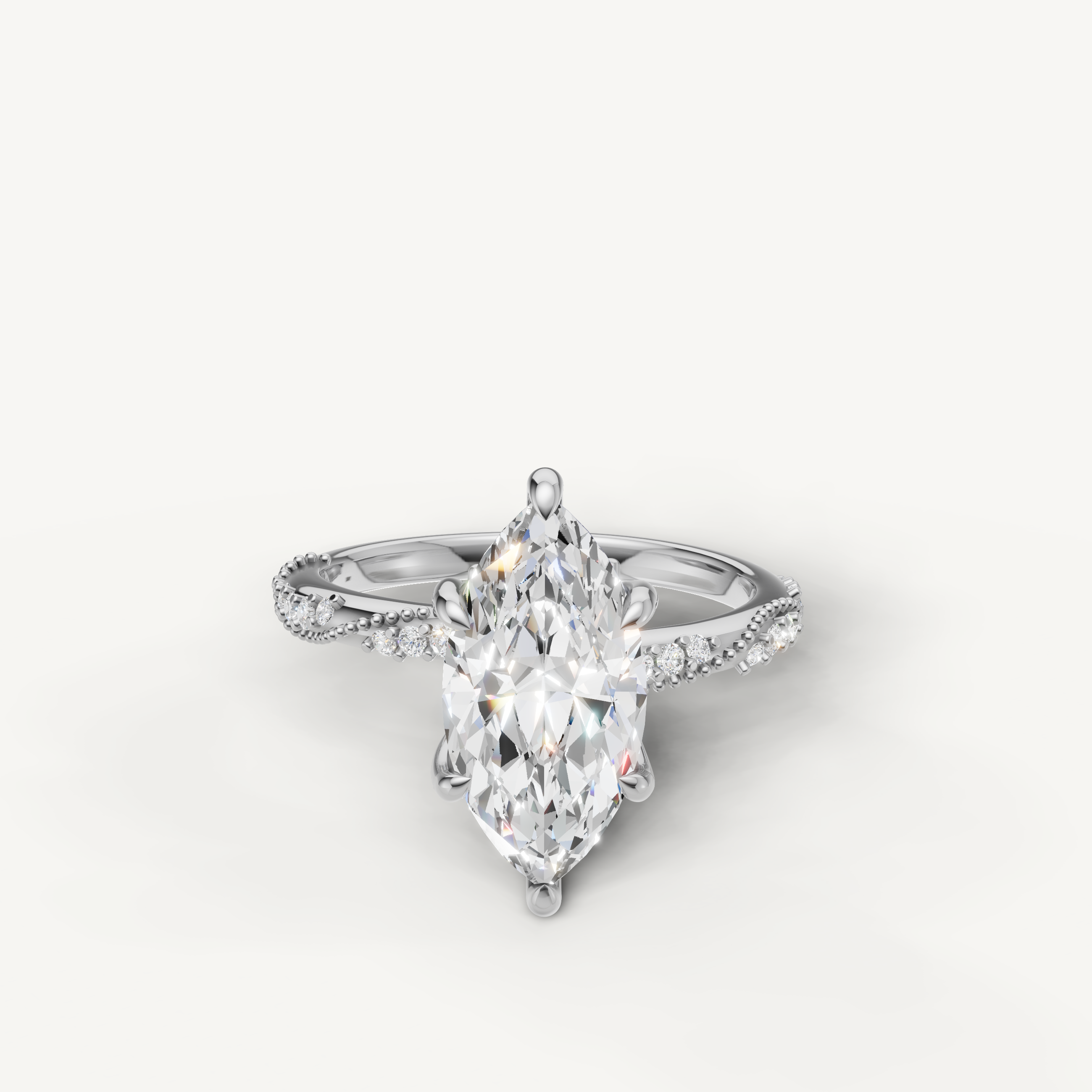 marquise cut lab grown diamond engagement ring with twisted pavé band white gold