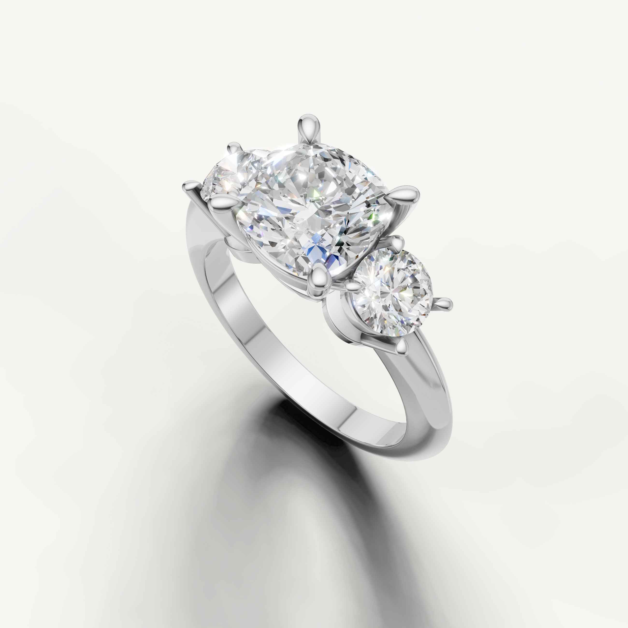 Three stone cushion cut lab grown diamond ring in white gold classic setting
