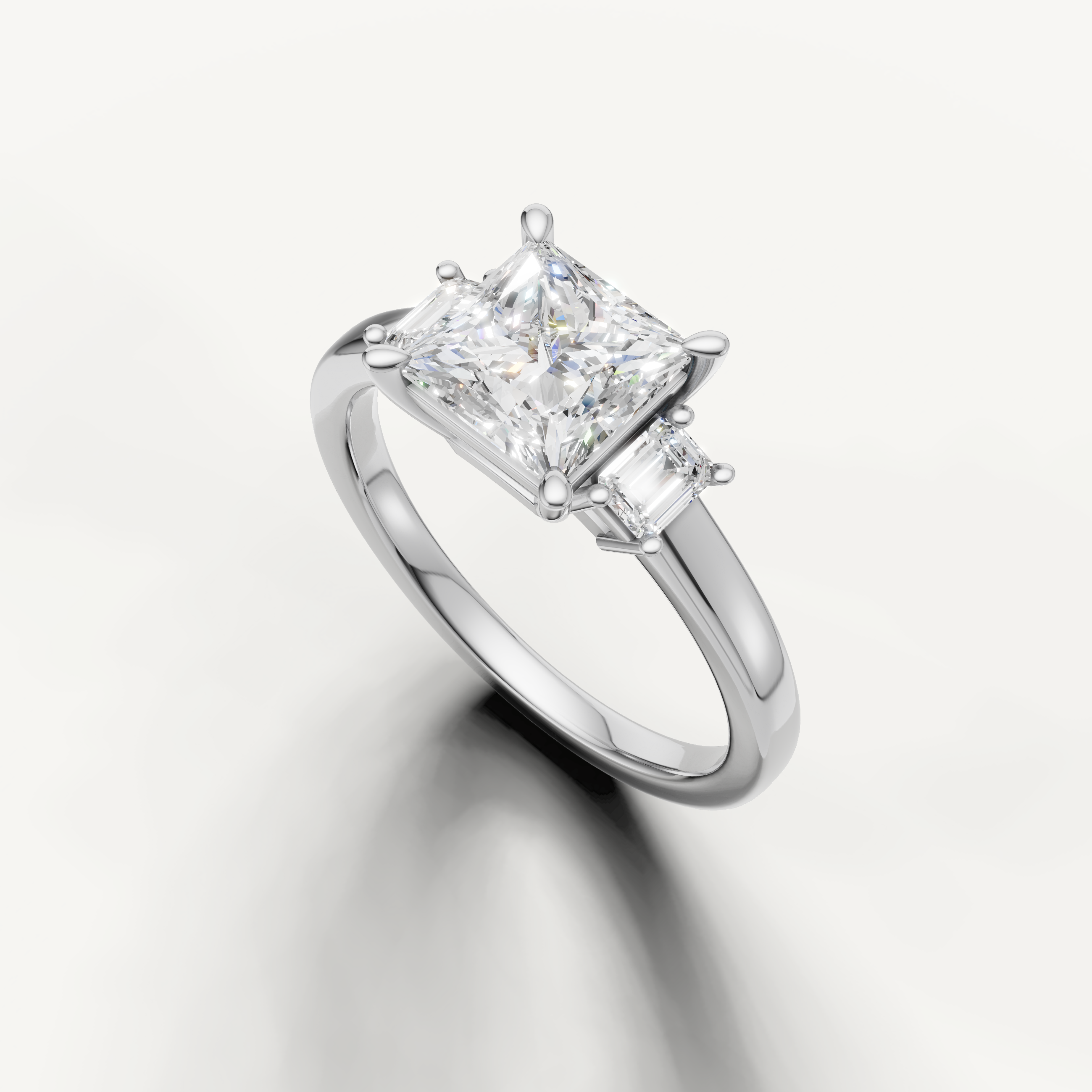 Timeless princess cut three stone lab grown diamond ring in white gold with clean band