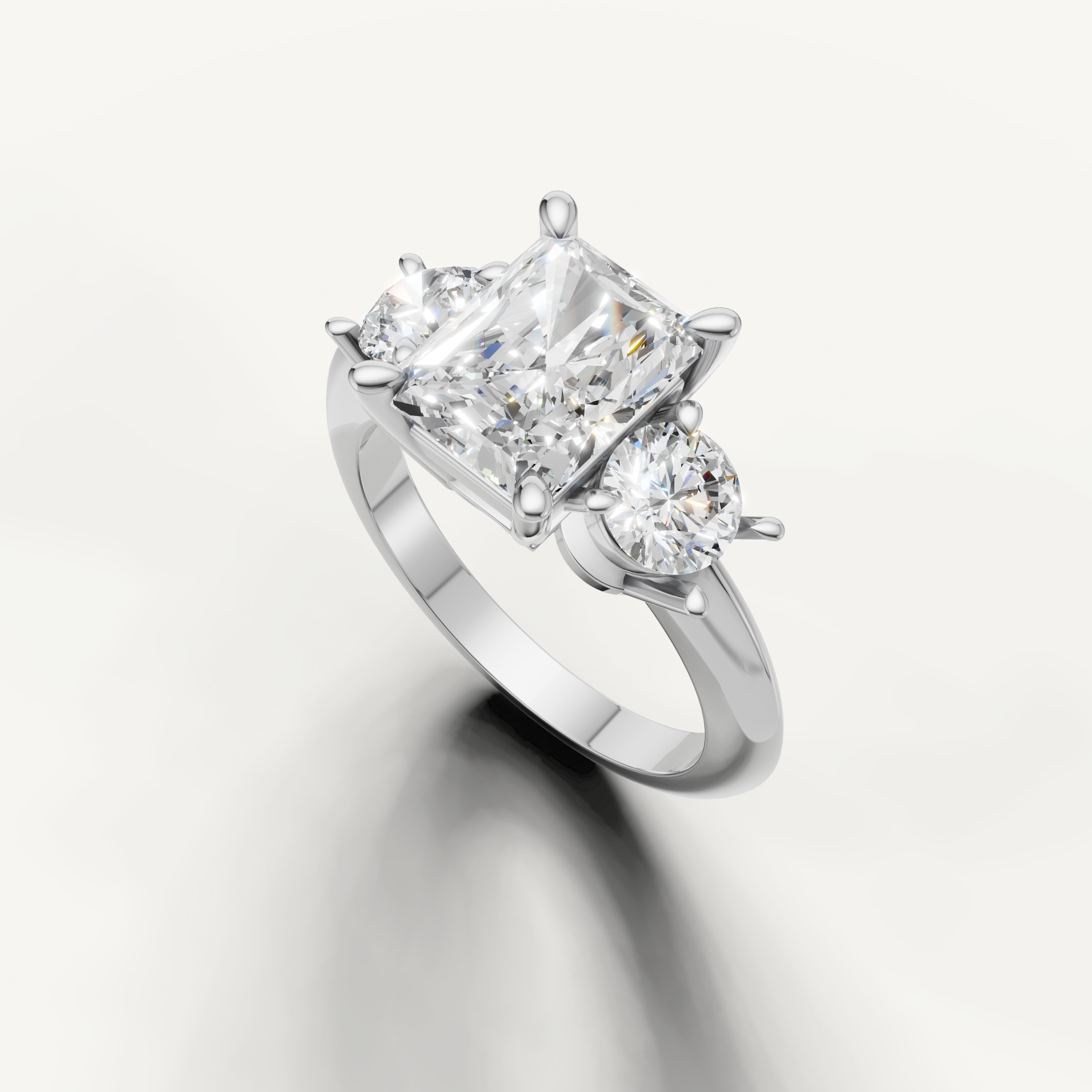 Three stone radiant cut lab grown diamond ring in white gold classic setting