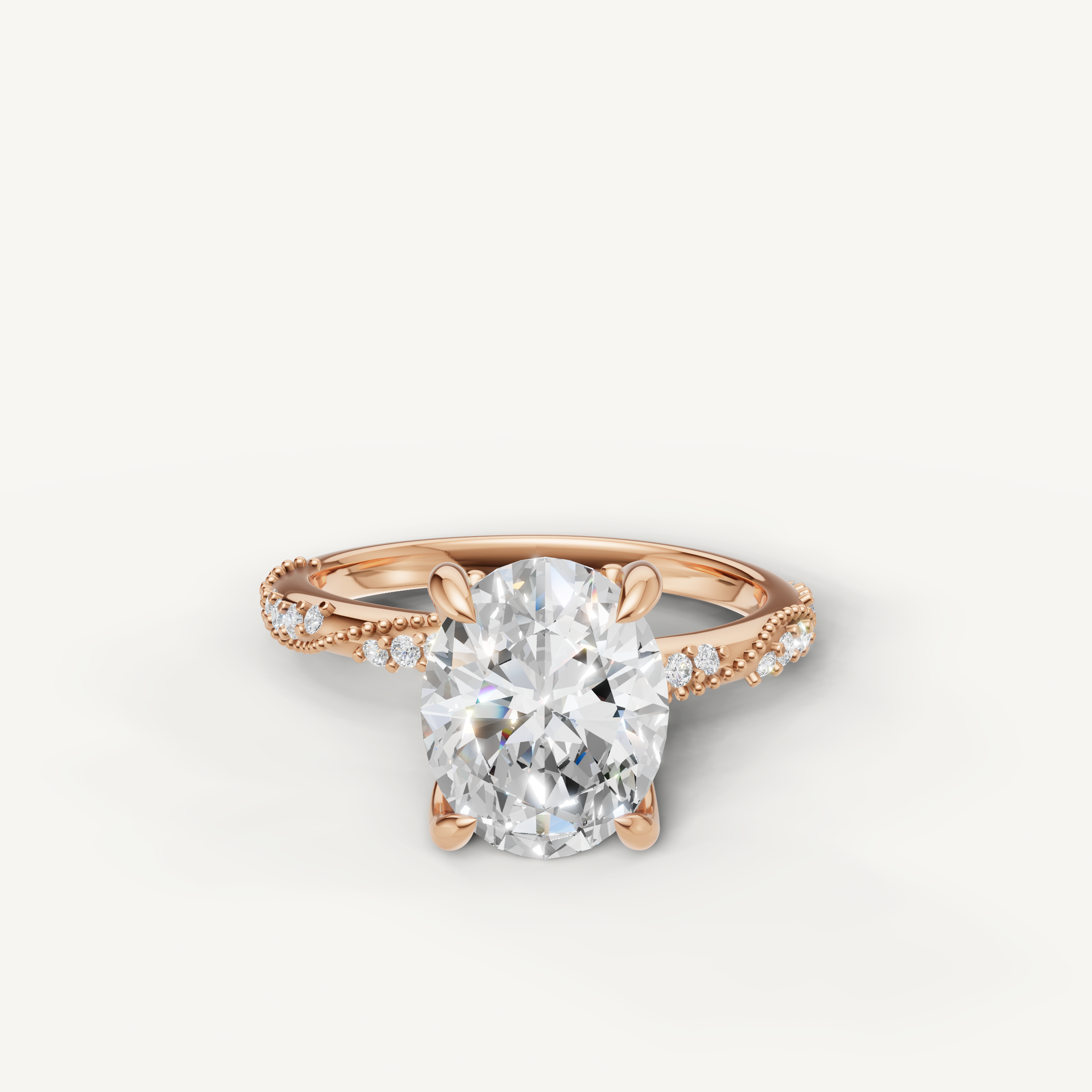 oval cut lab grown diamond engagement ring with twisted pavé band rose gold