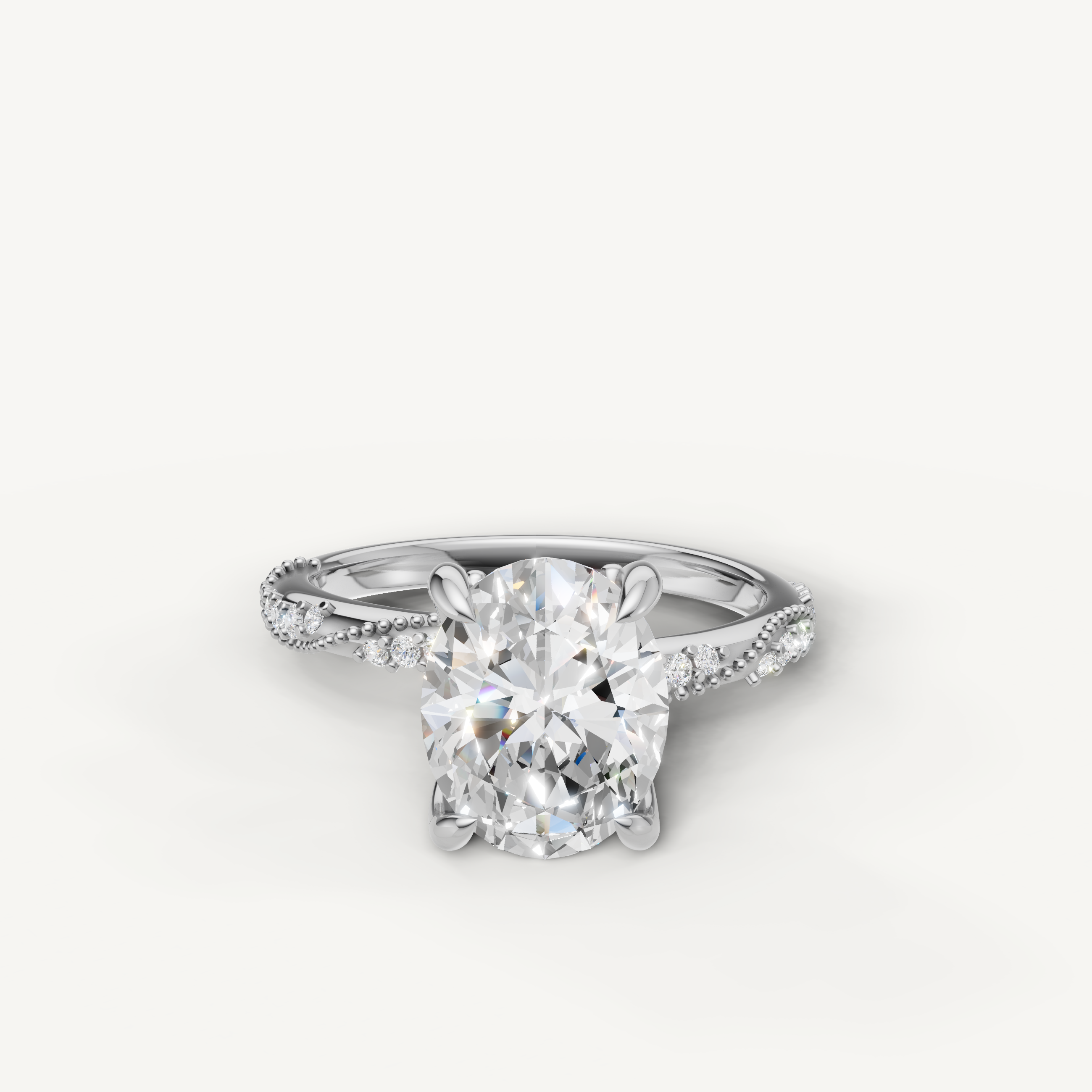 oval cut lab grown diamond engagement ring with twisted pavé band white gold
