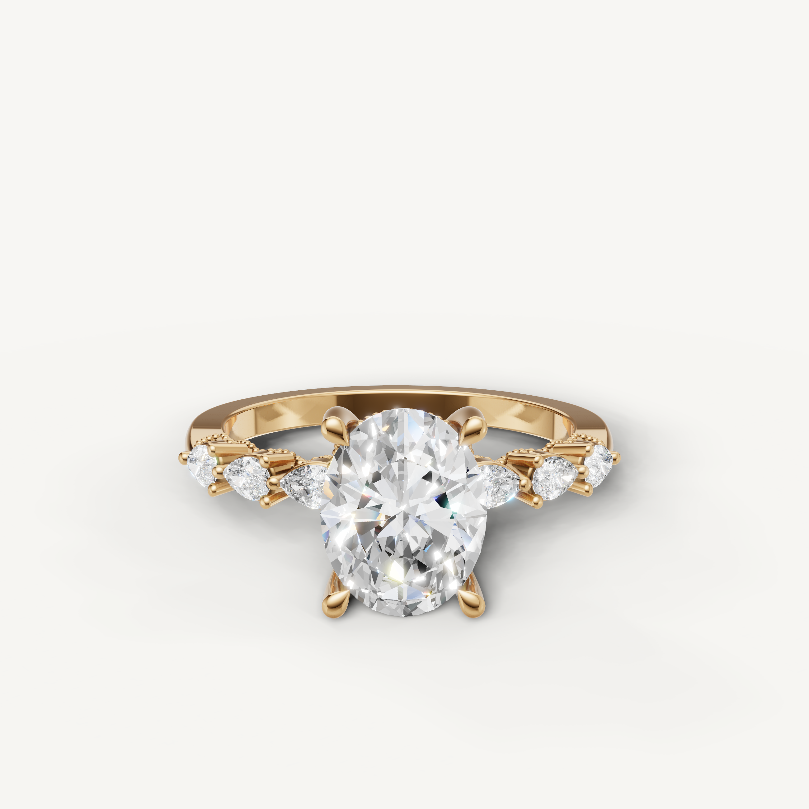  Oval cut lab grown diamond engagement ring in 14K yellow gold with marquise side stones by Raul Diamonds