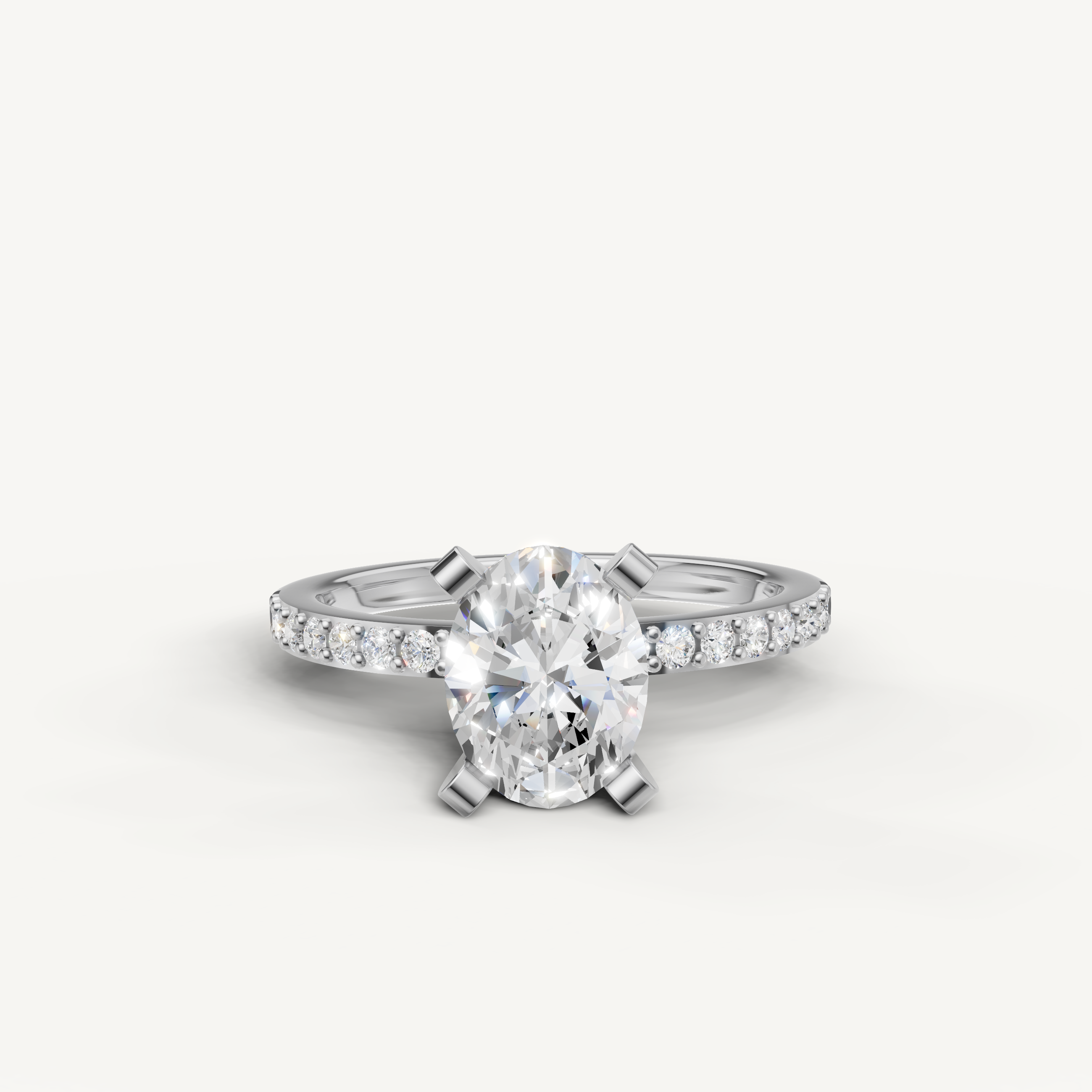 Oval cut lab grown diamond engagement ring in 14K white gold with pavé band