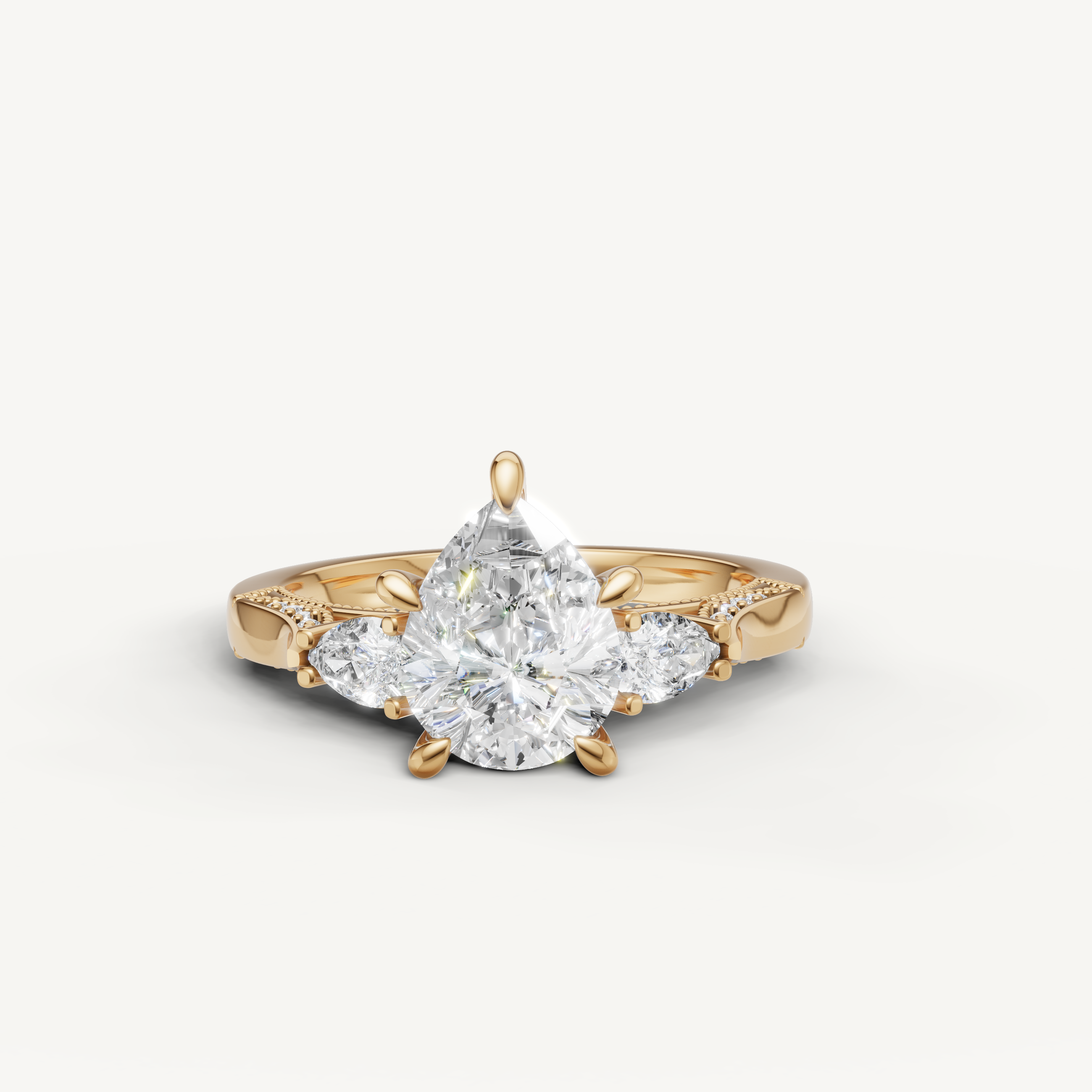 Pear cut lab grown diamond three stone ring with pear side stones yellow gold engagement ring