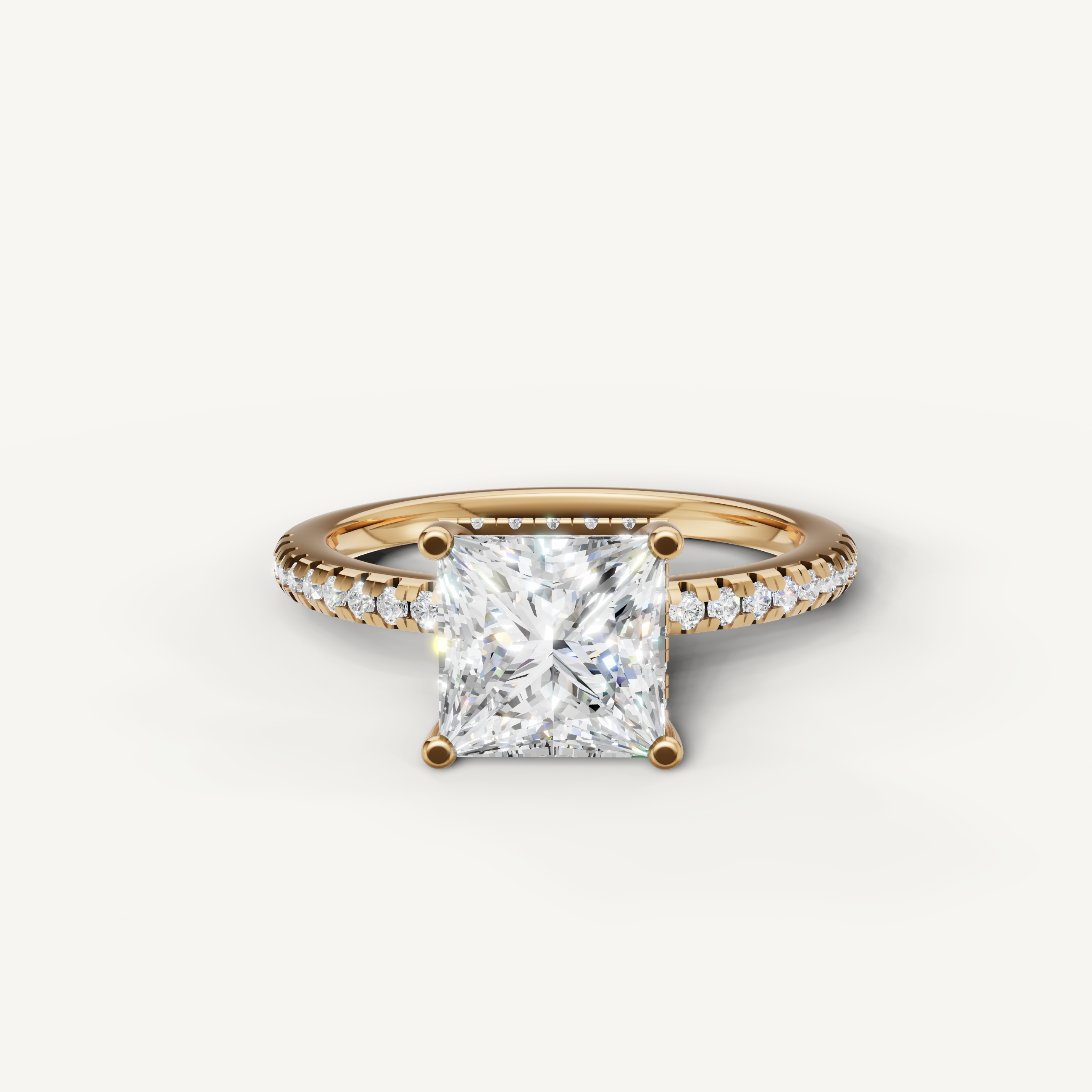princess cut lab grown diamond engagement ring with pavé band in 14k yellow gold