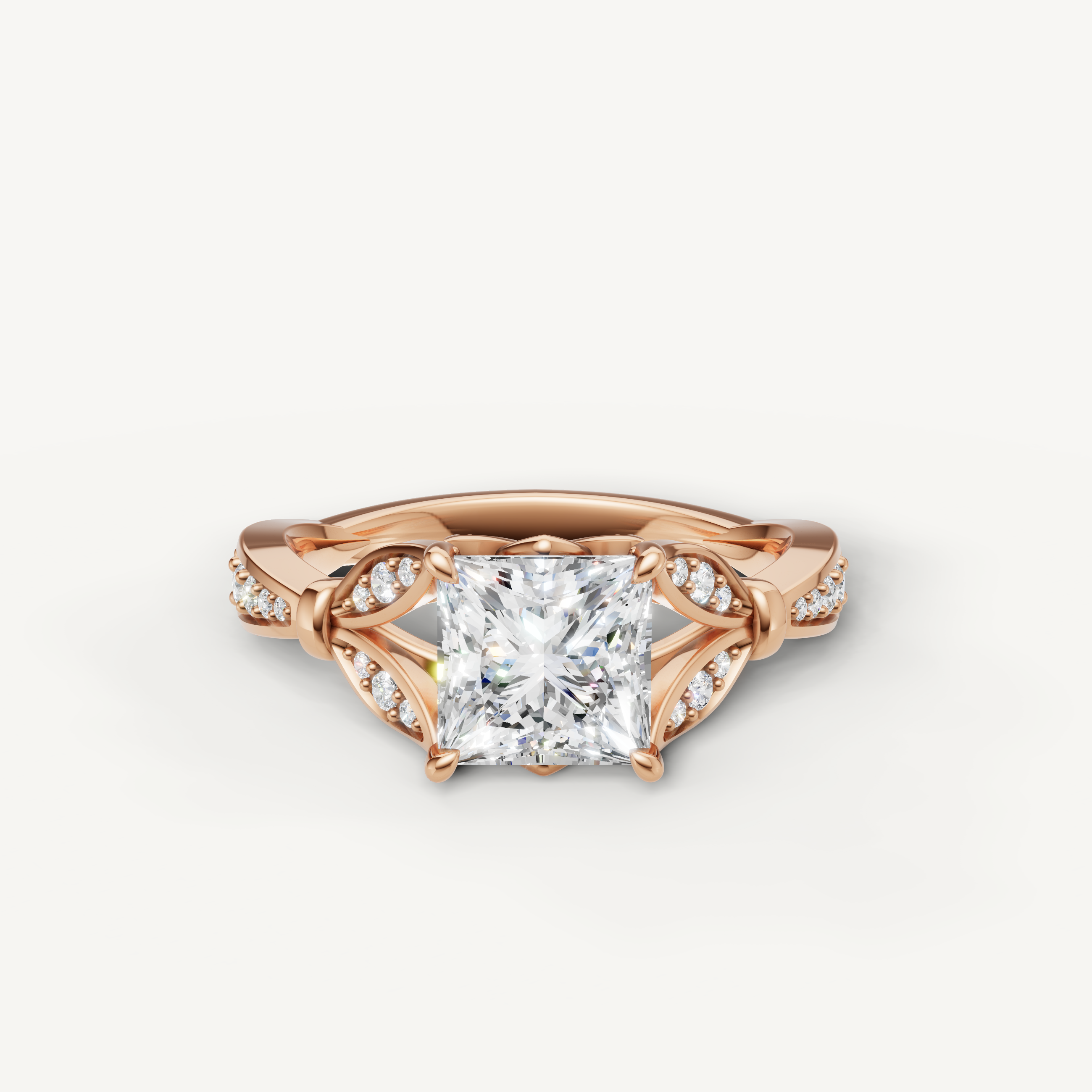 Princess cut lab grown diamond engagement ring in 14K rose gold with elegant pavé detailing by Raul Diamonds