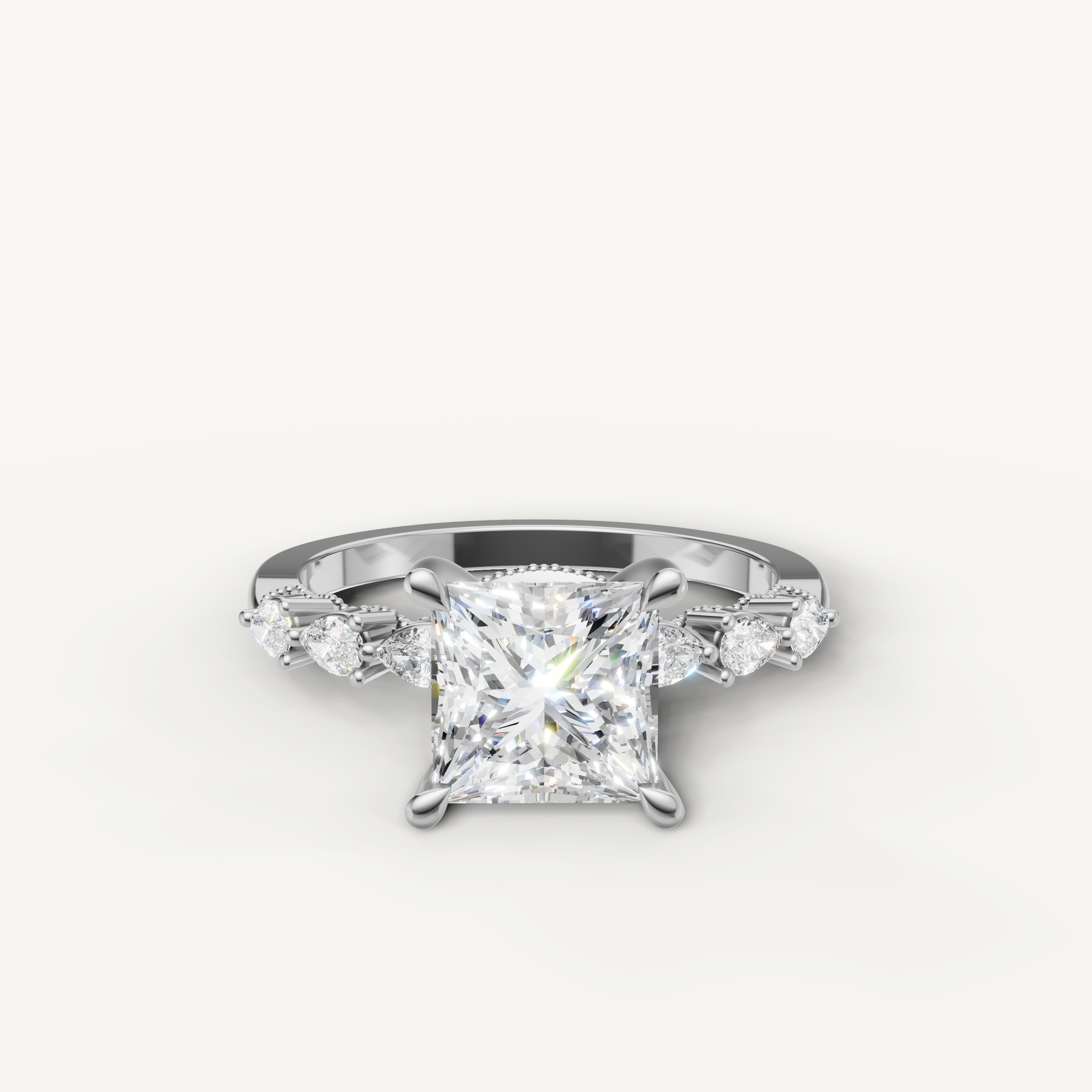 Princess cut lab grown diamond engagement ring in 14K white gold with marquise side stones by Raul Diamonds