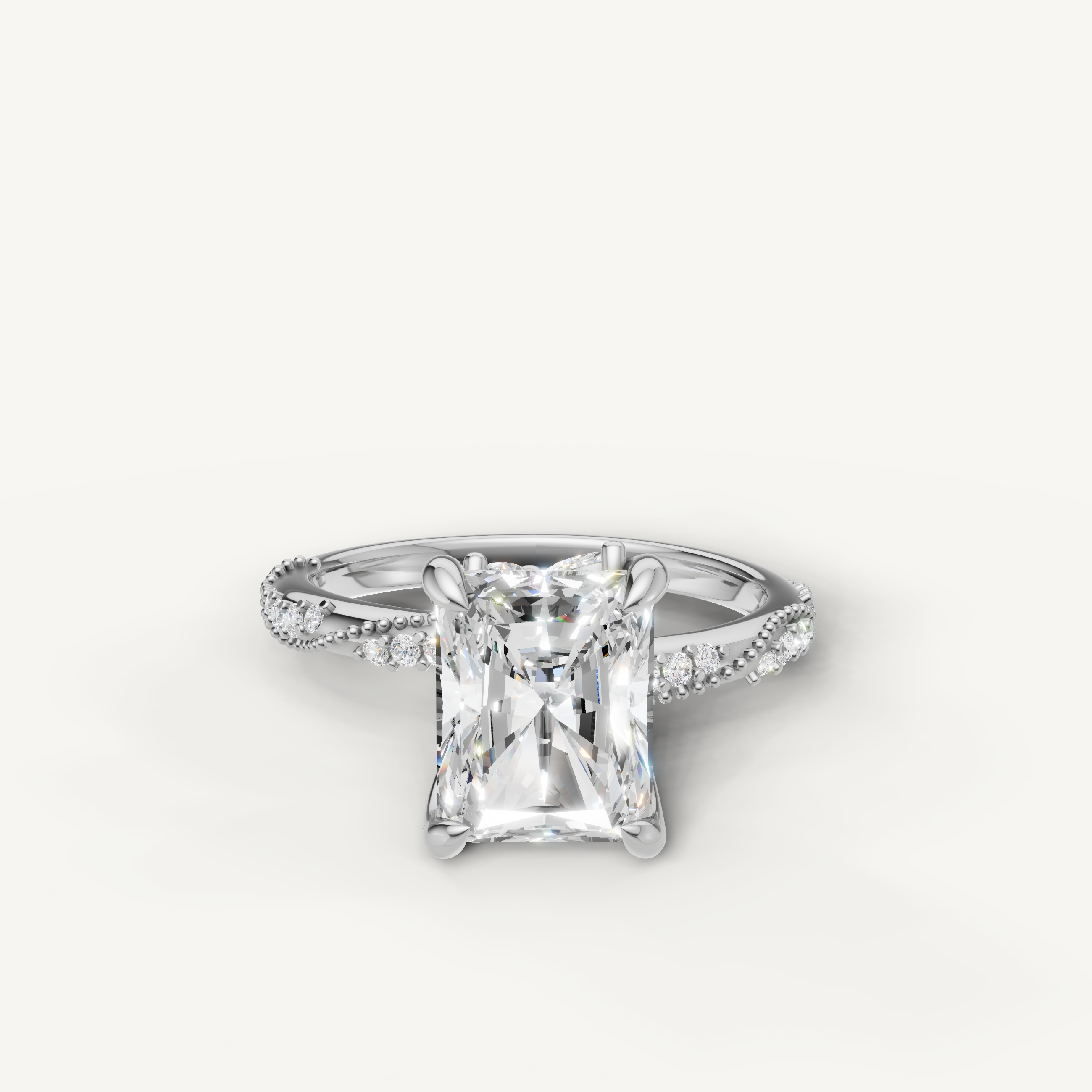radiant cut lab grown diamond engagement ring with twisted pavé band white gold