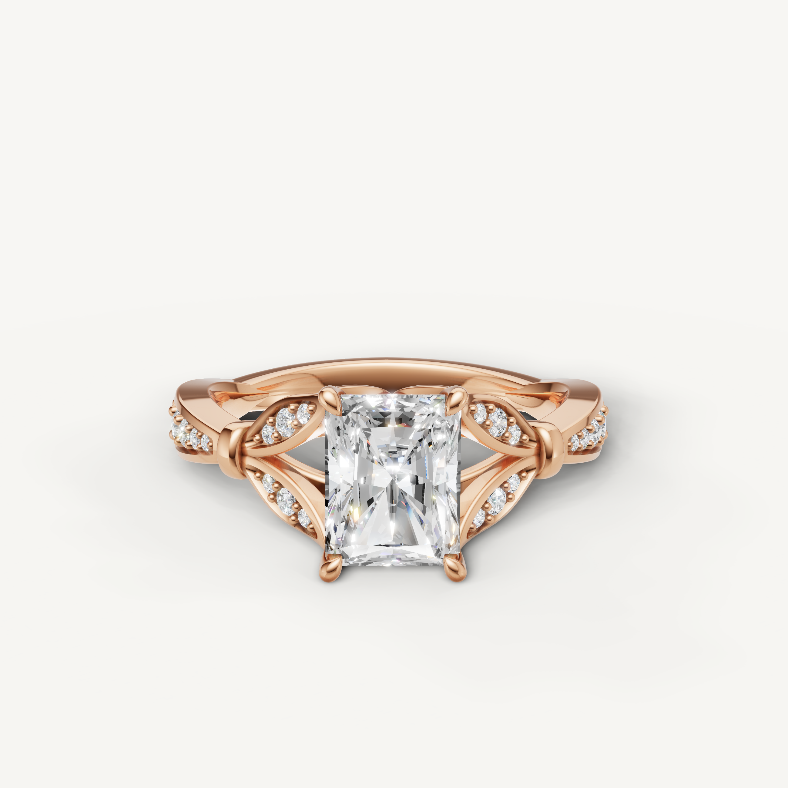 radiant cut lab grown diamond engagement ring with vintage filigree pavé band rose gold