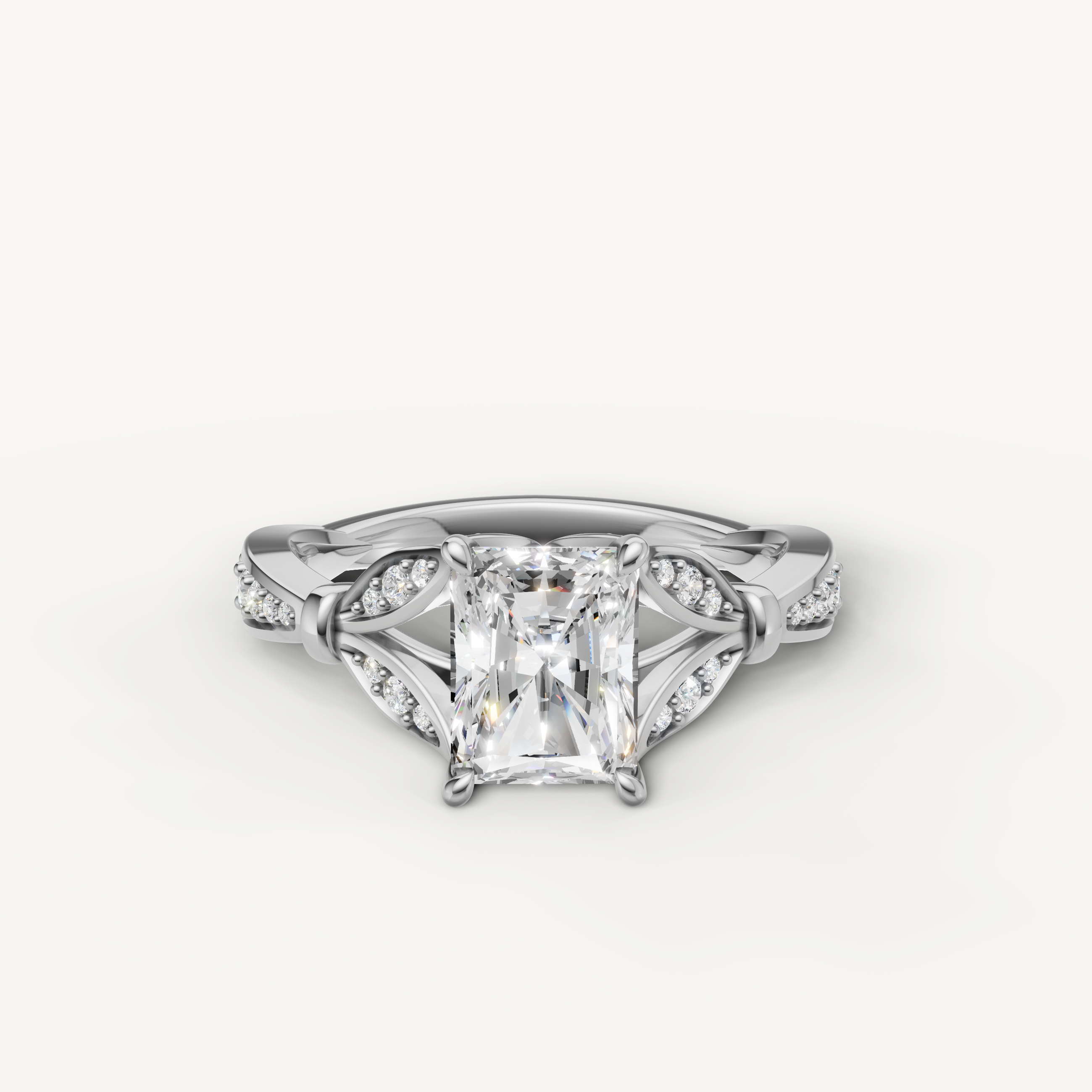 radiant cut lab grown diamond engagement ring with vintage filigree pavé band white gold
